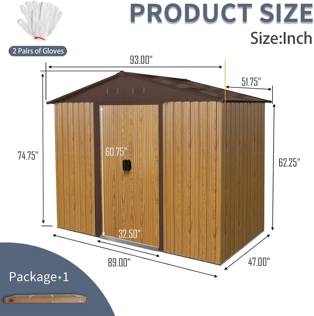 8 X 4 FT Outdoor Storage Shed Large Metal Utility Tool Sheds with Floor Frame Vertical Outside Storage Building with Sliding Door for Backyard Garden Patio Lawn, Coffee