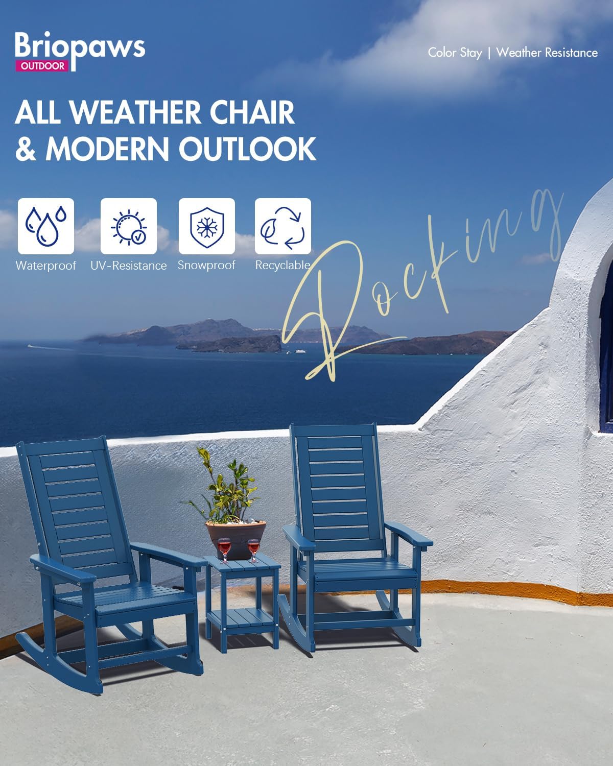 BRIOPAWS Outdoor Rocking Chairs | Set of 4 | Porch Rockers | HDPE Plastic| Blue | Oversized | Patio Rocker Chair | High Back | for Big Man | Weather Resistant | for Outside Deck Balcony Front Backyard