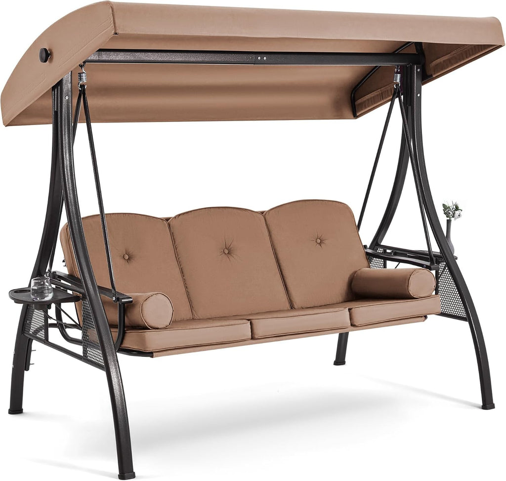 HOMREST 3 Person Outdoor Porch Swing with 1.5' Upgraded Cup Holder, Adjustable Canopy, Backrest, Patio Swing Bed with Weather Resistant Steel Frame, Cushions for Garden,Deck and Poolside(Brown)