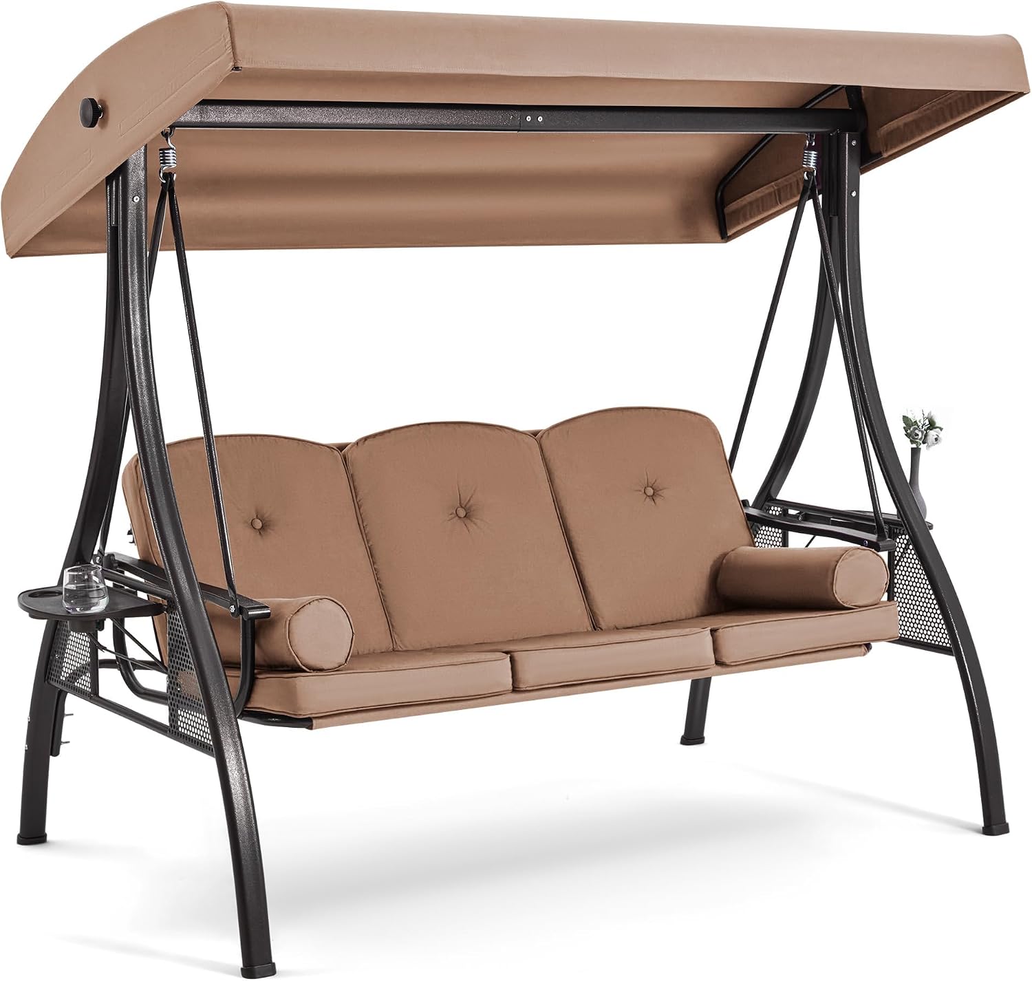 HOMREST 3 Person Outdoor Porch Swing with 1.5' Upgraded Cup Holder, Adjustable Canopy, Backrest, Patio Swing Bed with Weather Resistant Steel Frame, Cushions for Garden,Deck and Poolside(Brown)