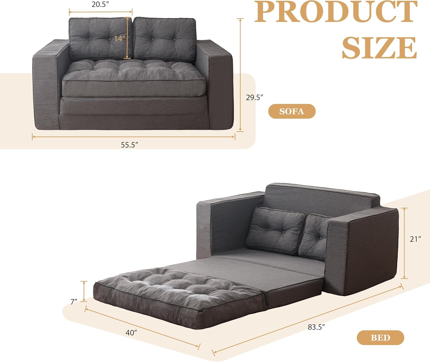 YOSHOOT Loveseat Sleeper Sofa,55' Convertible Sofa Bed Couch Futon Couches for Living Room,3-in-1 Pull Out Floor Couch with Reclining Backrest and Pillows