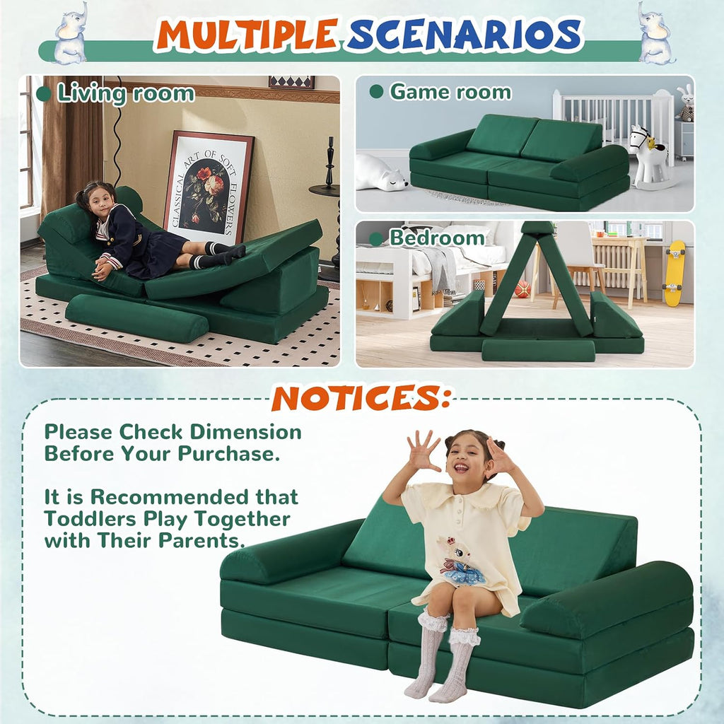 jela Kids Couch Safety Certified Play Couch Soft Kids Sofa with Machine Washable Cover Thick Foam Fort Building Set for Playroom Indoor (57'x28'x18', Pine Green)