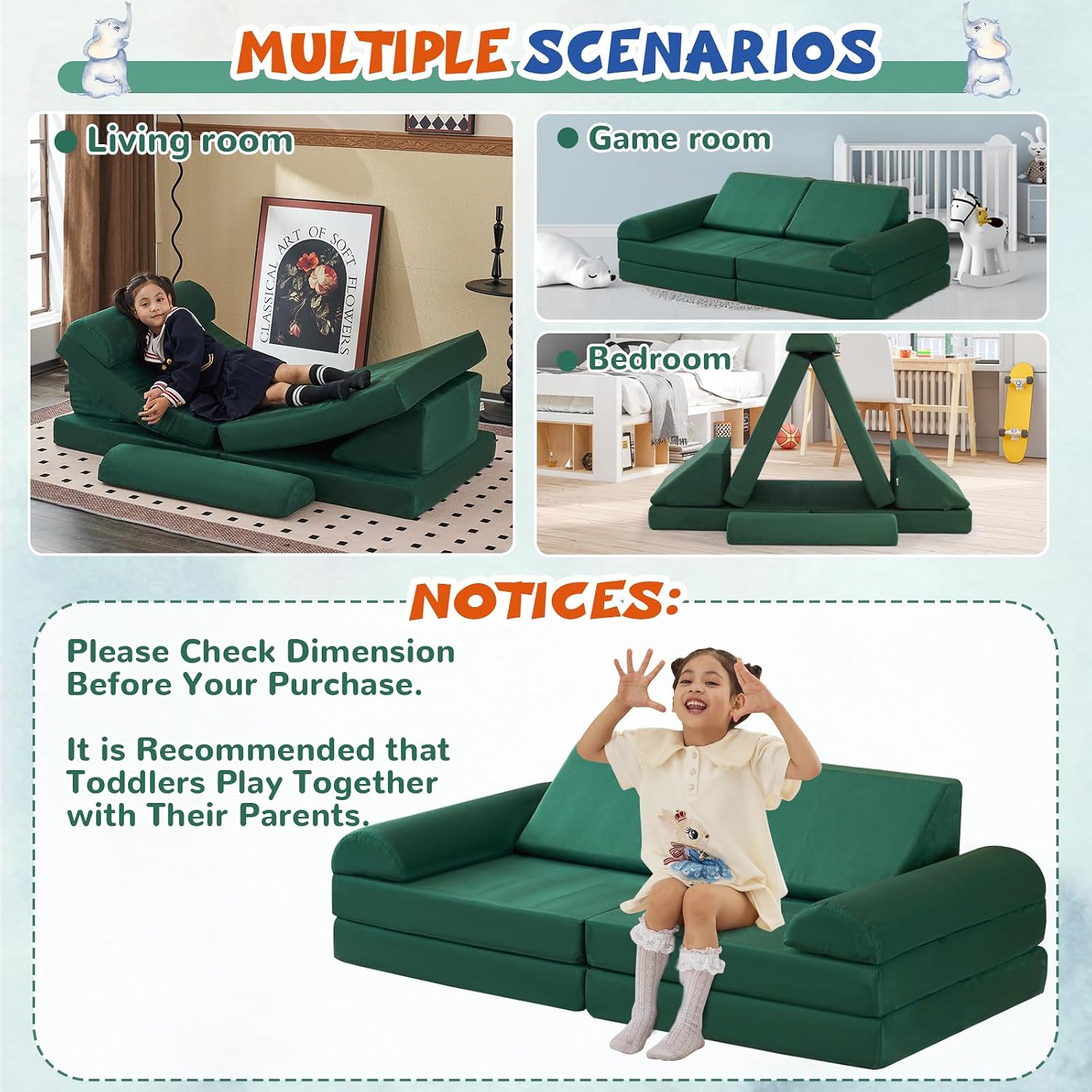 jela Kids Couch Safety Certified Play Couch Soft Kids Sofa with Machine Washable Cover Thick Foam Fort Building Set for Playroom Indoor (57'x28'x18', Pine Green)