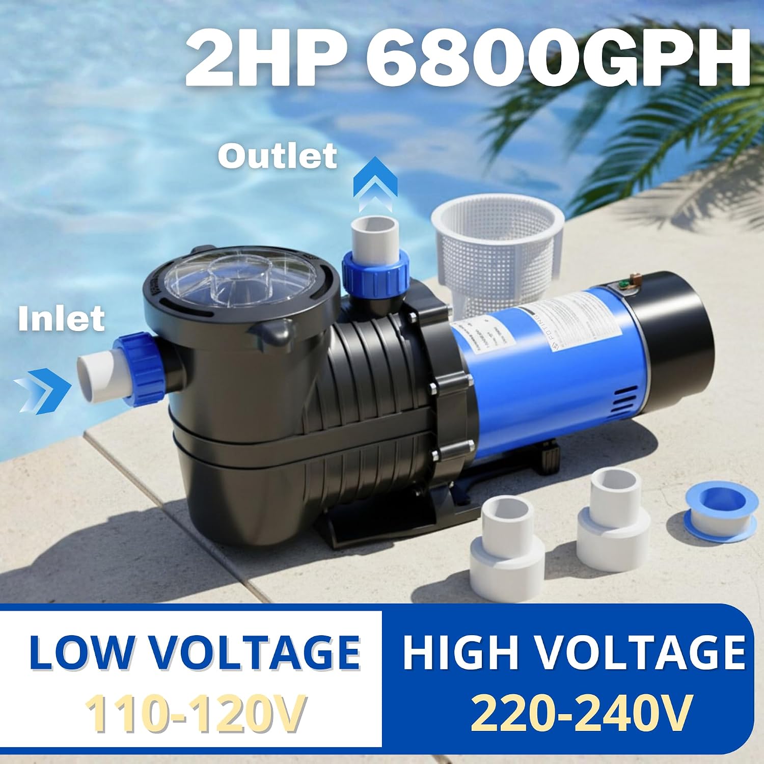 FOTING In/Above Ground Pool Pump, Self Primming Pool Pump High Flow 1.5' & 2' NPT Inlet Connectors, Blue&Black