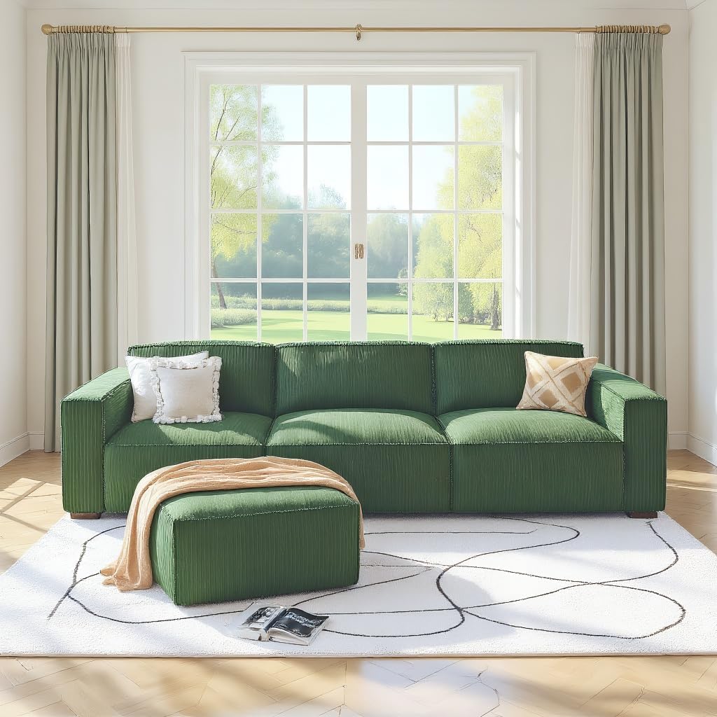 Amada 110' Cloud Sectional Couch with L-Shape Chaise&Movable Ottoman,Modern Modular Sofa with Deep Seat, Boneless Sofa,Couches for Living Room Bedroom,No Assembly Required, Green(Corduroy Fabric)