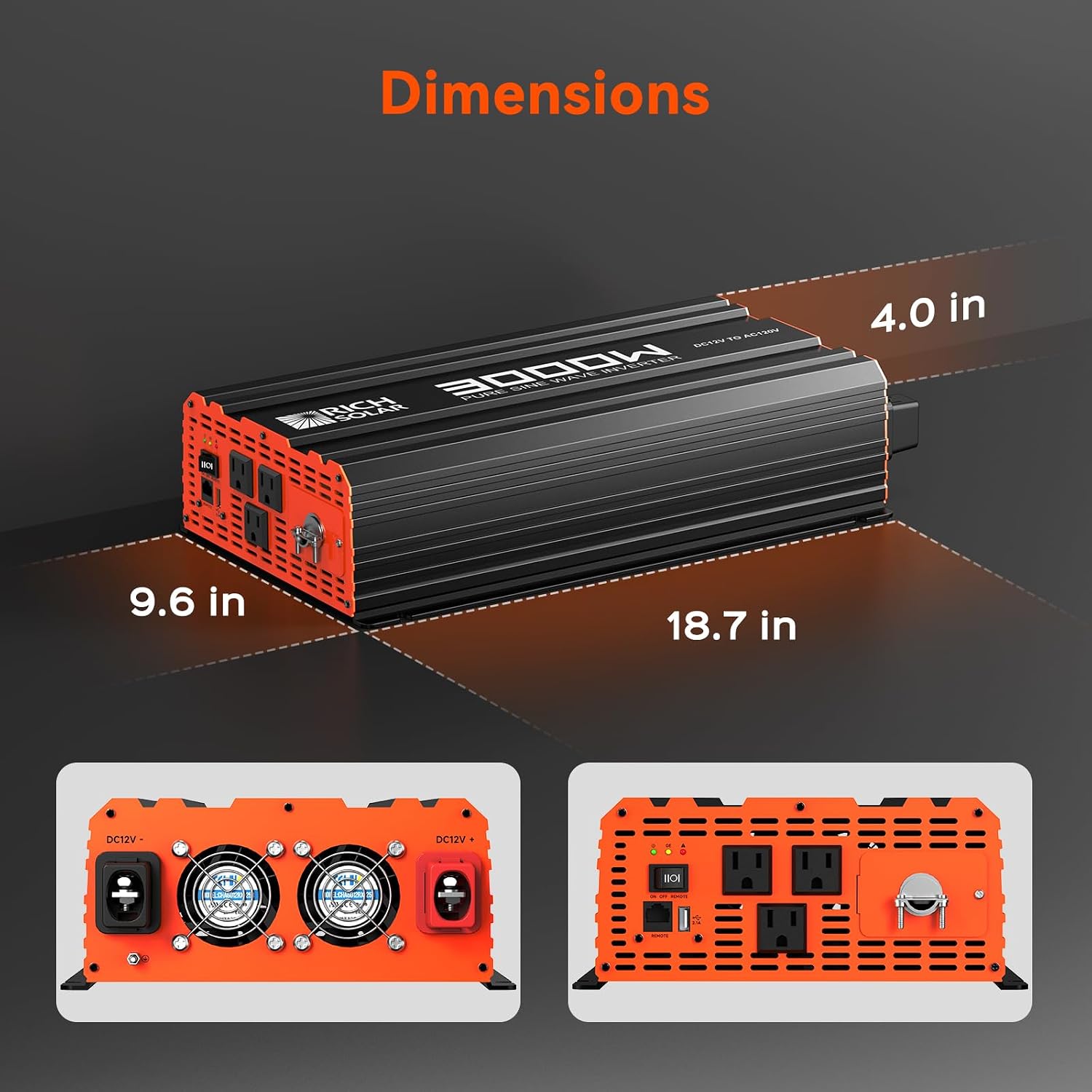 RICH SOLAR 3000 Watt 12 Volt Industrial Pure Sine Wave Inverter 12V DC to 110V AC Converter for RV Trailer Marine Off Grid Home