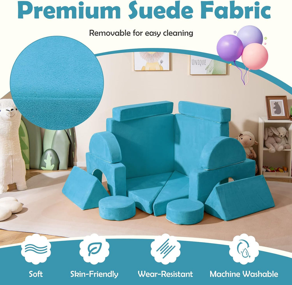 Costzon 14 PCS Modular Kids Play Couch, Child Sectional Sofa, Versatile Toddler Soft Building Blocks Sofa Playset for Playroom Bedroom, Convertible Foam and Floor Cushion for Boys Girls Gifts (Blue)