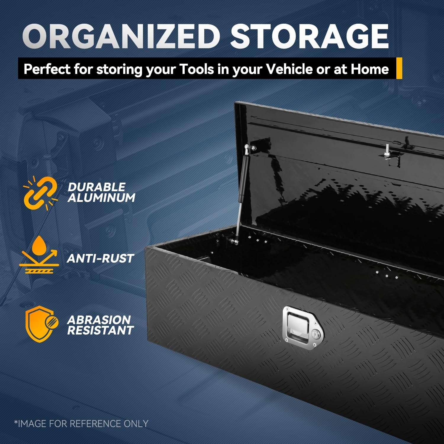 Heavy Duty Aluminum Diamond Plate Tool Box for Pick Up Truck Bed RV Trailer Toolbox Waterproof Square Storage Organizer with Side Handle, 38.9'' W x 13.4'D x 10.0'H, Lock and Keys - Black