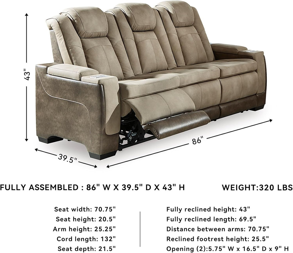 Signature Design by Ashley Next-Gen DuraPella Power Reclining Sofa – Wireless & USB Charging, Zero-Gravity, Adjustable Headrest, Water-Repellent Faux Leather, Drop-Down Table, Beige/Brown, 86'