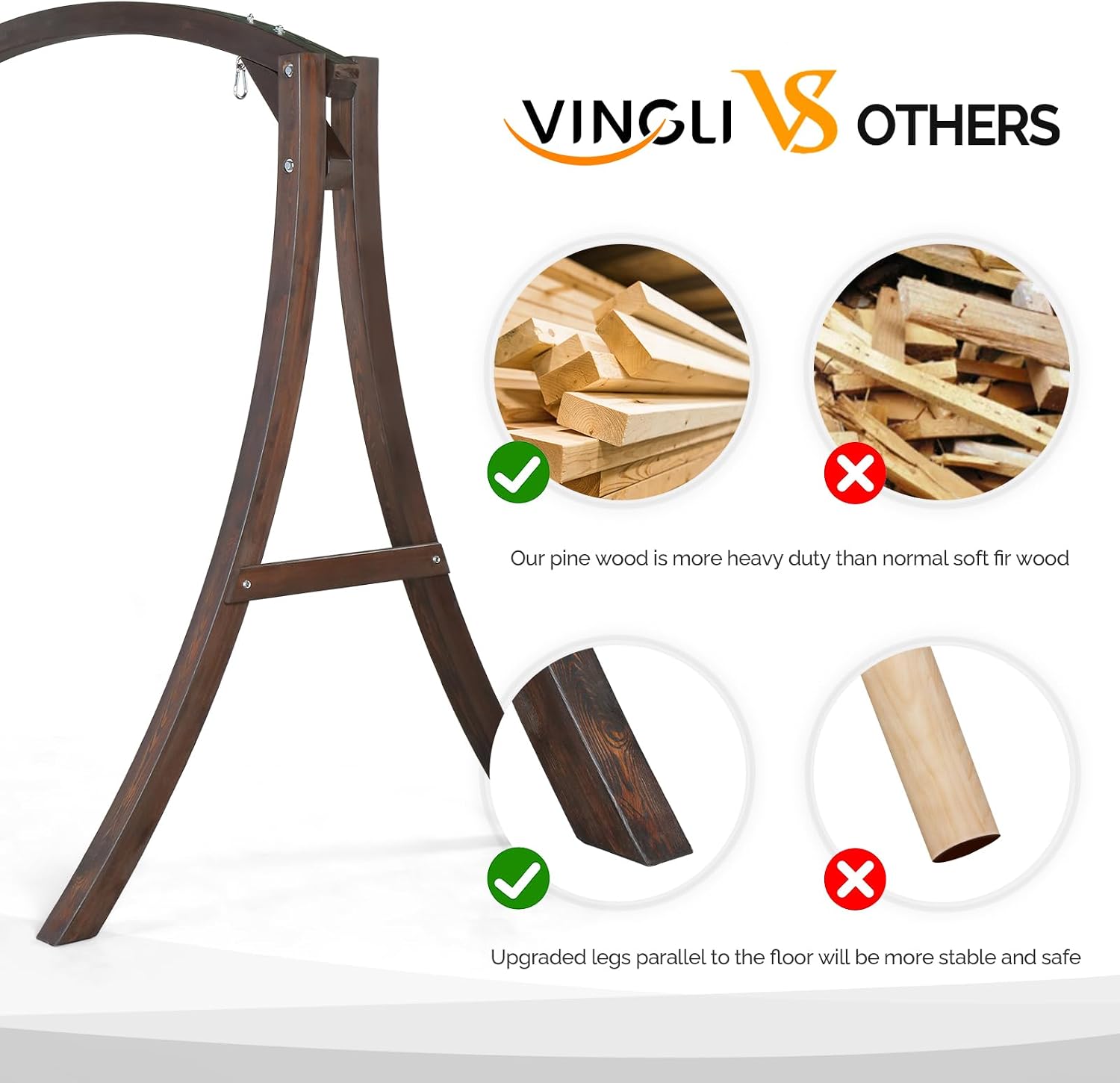 VINGLI 6.7FT Porch Swing Frame, 1000LBS Heavy Duty A-Frame Wooden Porch Swing Stand with Curved Arc Top for 5FT Porch Swing, Large Swing Hanger for Garden, Patio, Backyard & Indoor, Rustic