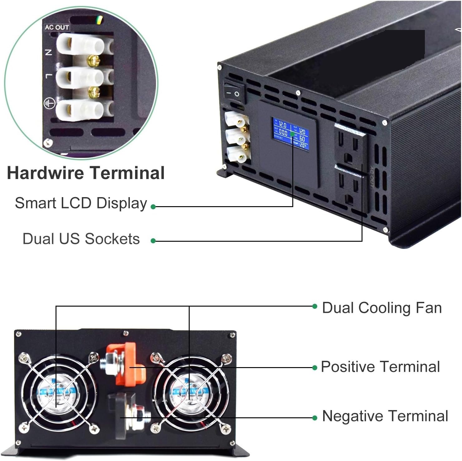 3000W LCD Display Pure Sine Wave Power Inverter Solar Generator Inverter Battery 12V/24V/36V/48VDC to AC Converter(12V)