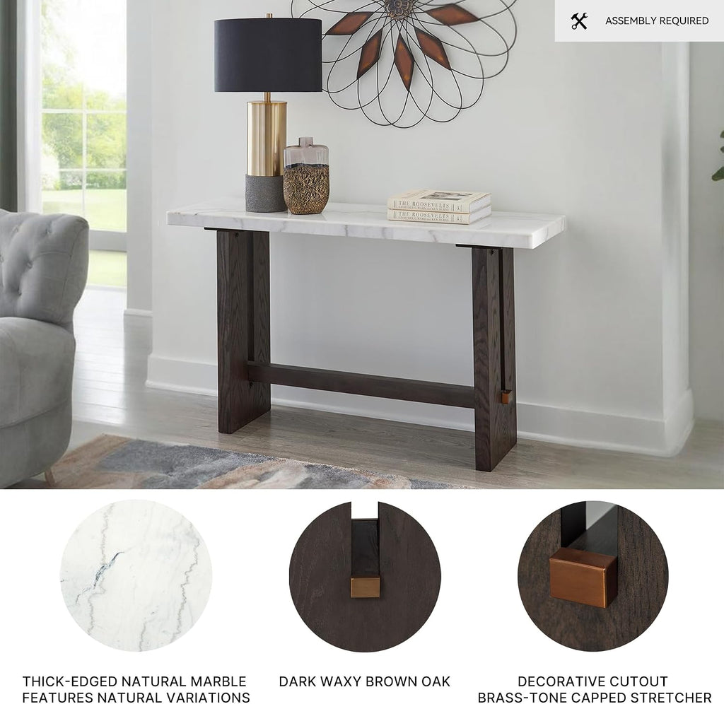 Signature Design by Ashley Burkhaus Traditional Rectangular Sofa Table with Marble Tabletop, Dark Brown & White
