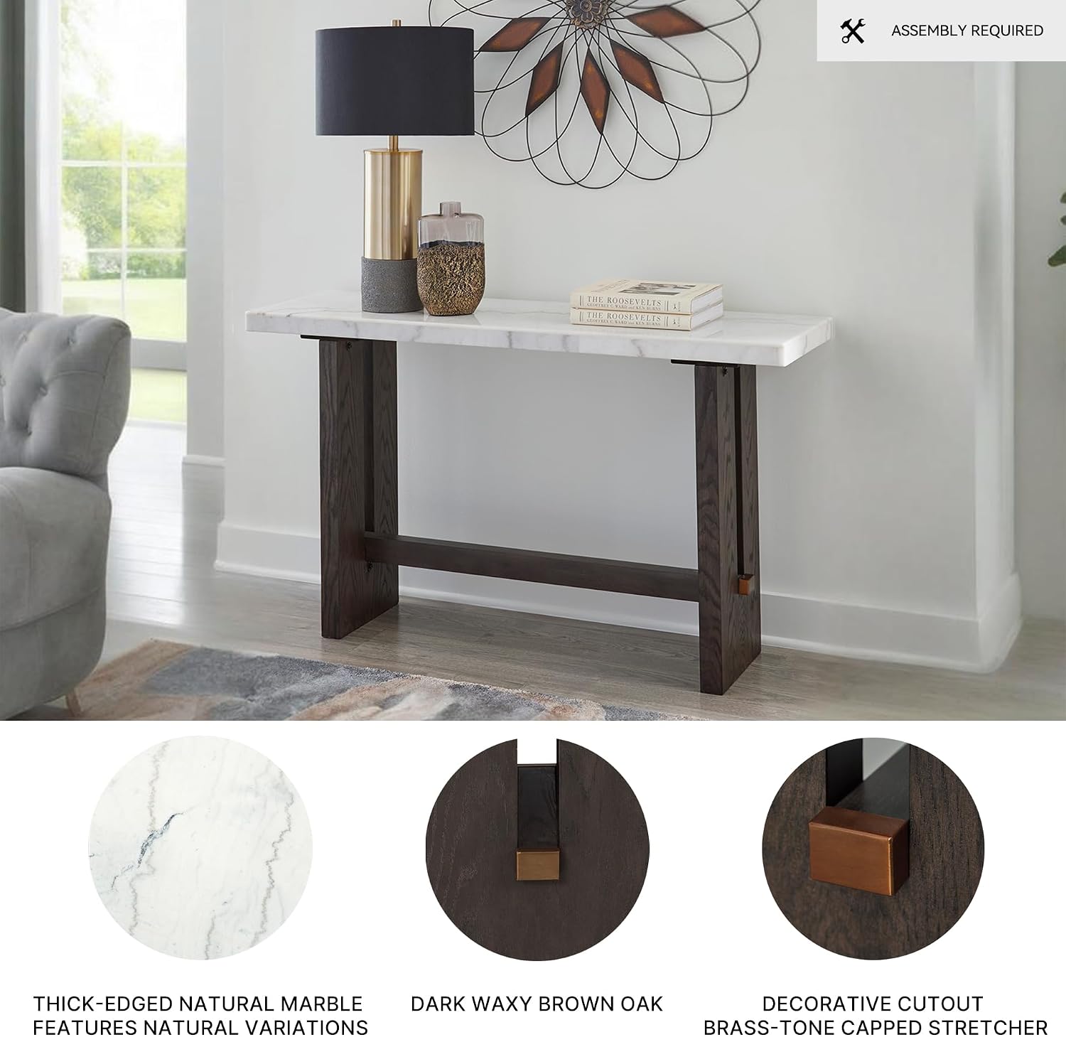 Signature Design by Ashley Burkhaus Traditional Rectangular Sofa Table with Marble Tabletop, Dark Brown & White