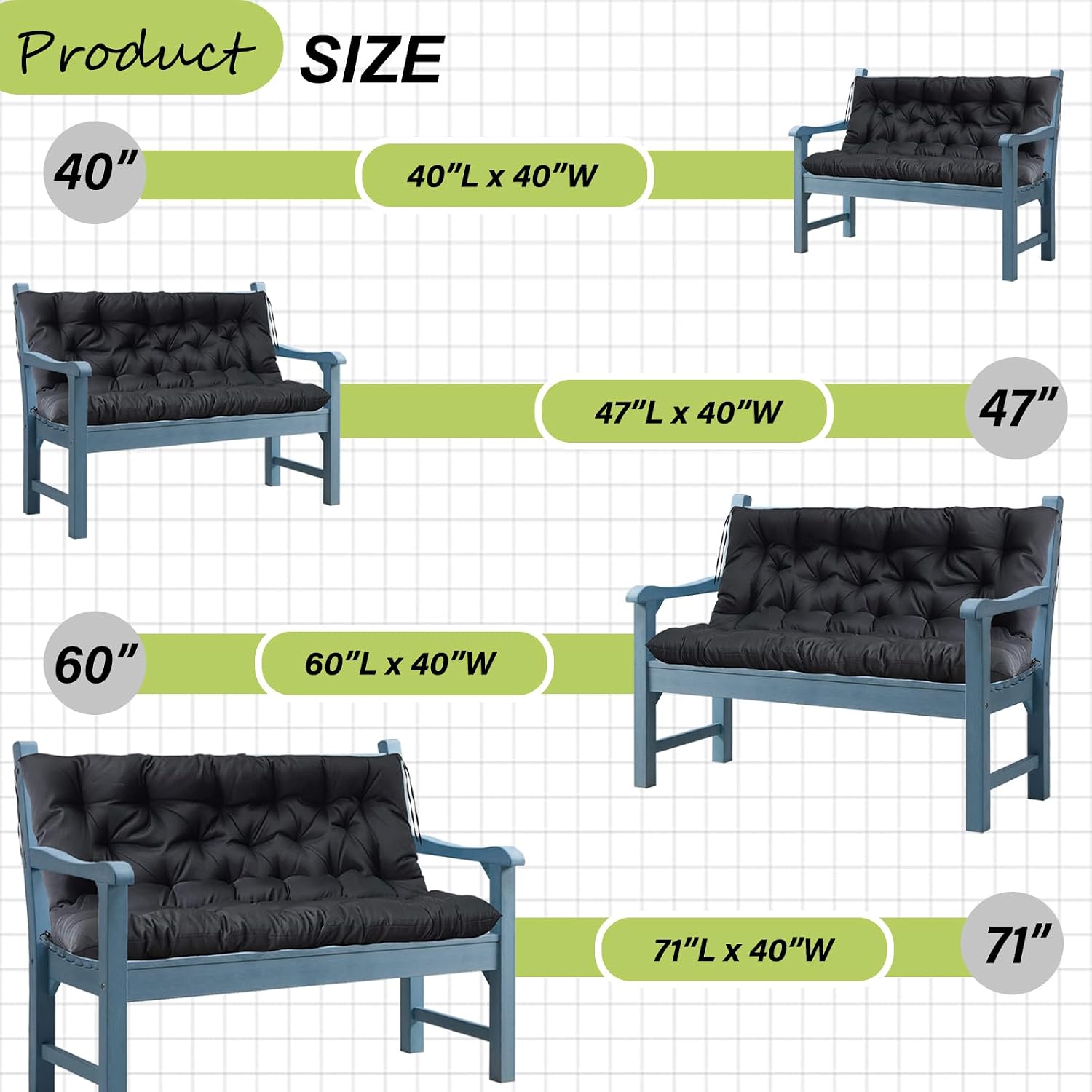 Waterproof Porch Swing Cushion Replacement, 2–3 Seat Swing Seat Cushion with Backrest & Ties, Thick Outdoor Bench Cushion for Patio Garden Porch (Black 40 x 60 in)