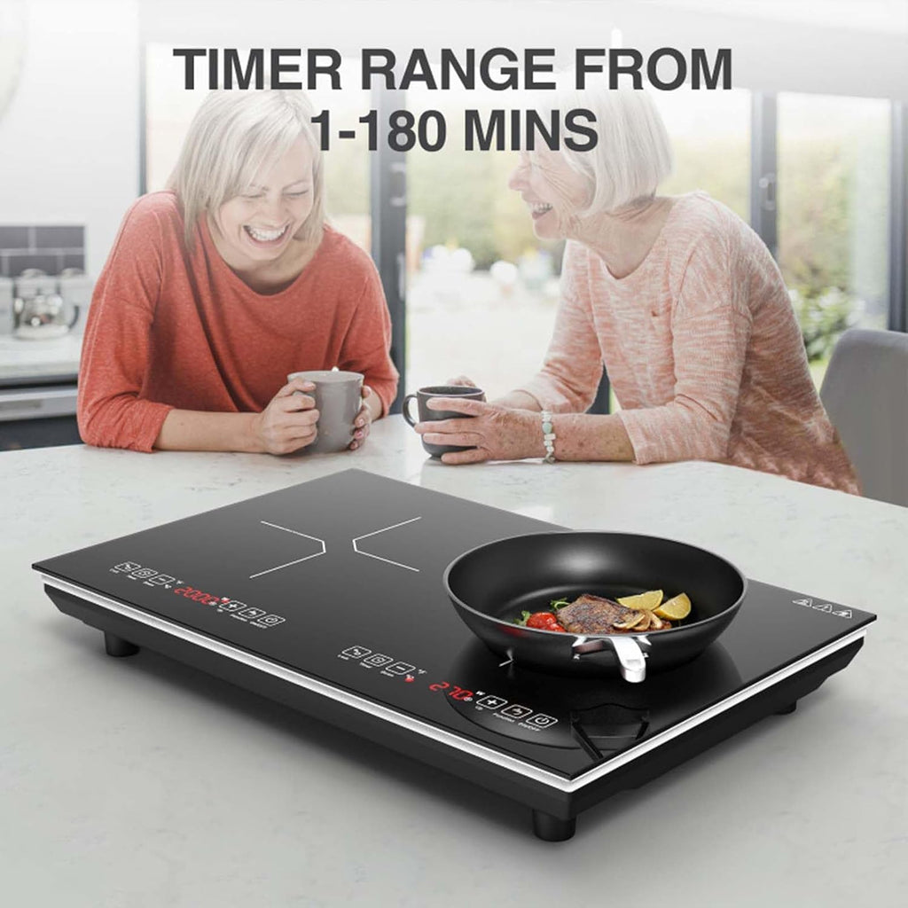 Portable Induction Cooktop with 2 Burners, 400W-2000W Power Settings, Touch Controls, Child Safety Lock and Timer, for Kitchen/Dining