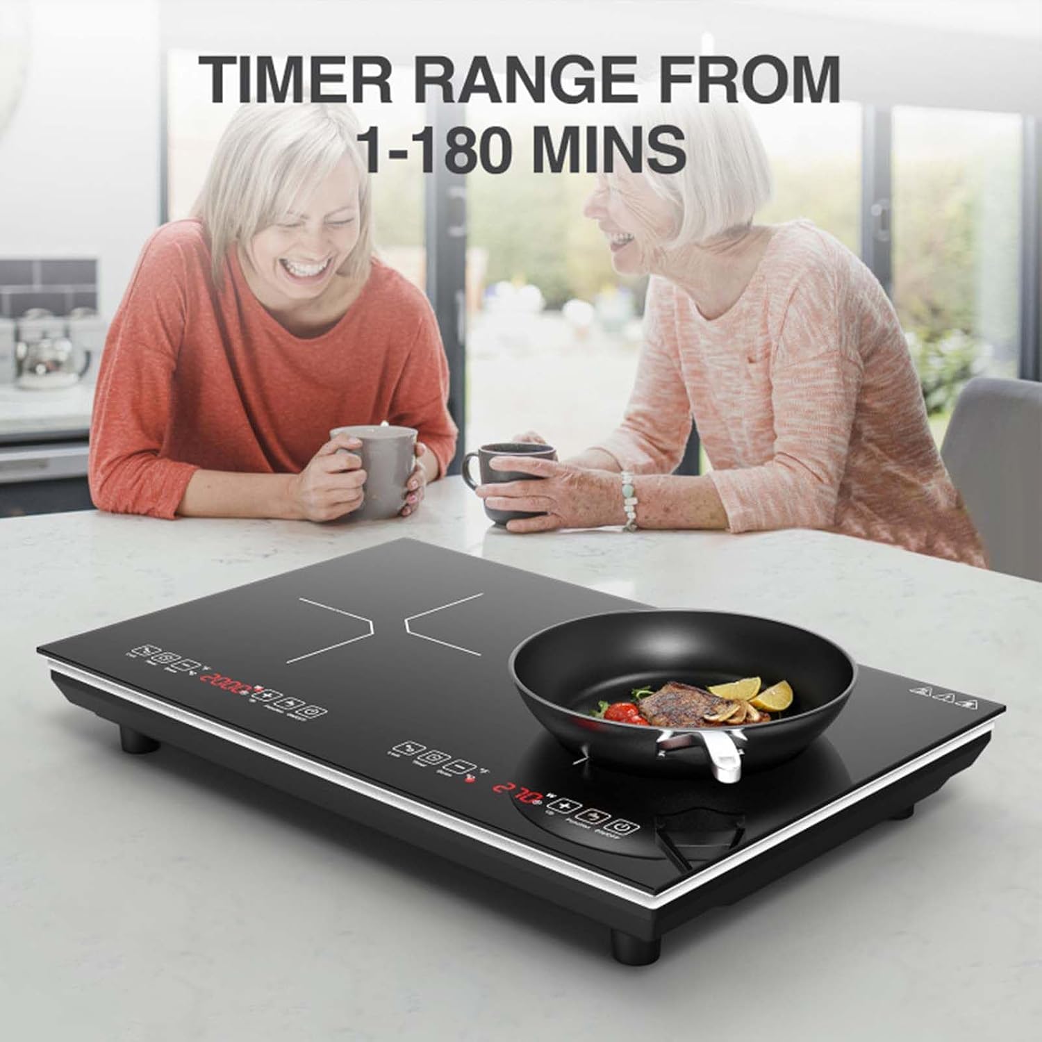 Portable Induction Cooktop with 2 Burners, 400W-2000W Power Settings, Touch Controls, Child Safety Lock and Timer, for Kitchen/Dining