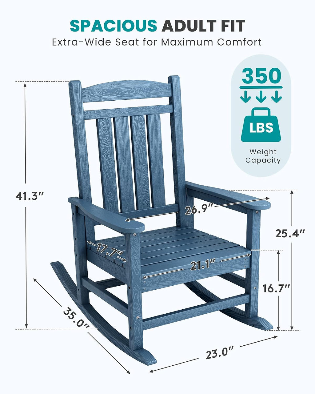 SERWALL Oversized Outdoor Rocking Chair, All-Weather Patio Rocking Chair, HDPE Porch Rocker for Adults, Blue