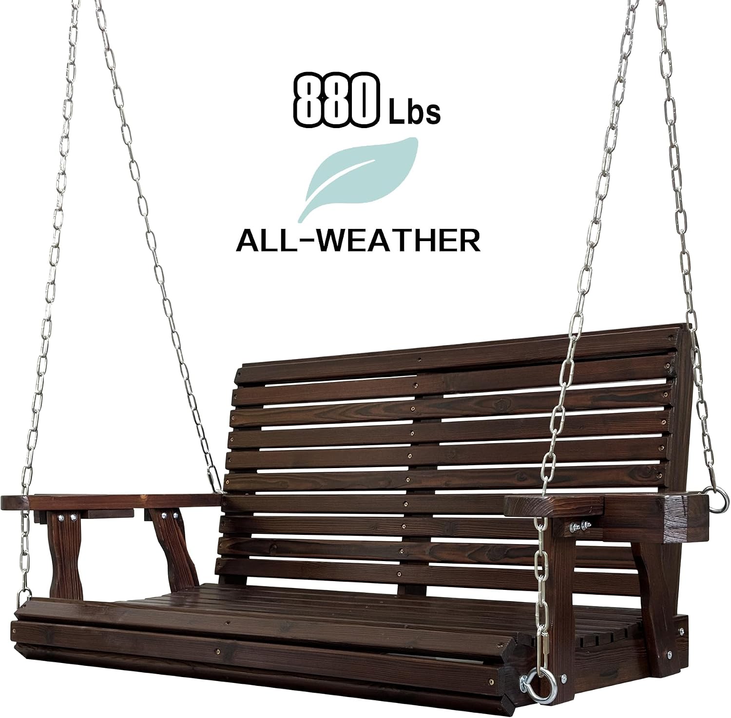 Wooden Porch Swing 2-Seater, High Backrest and Deep Seat, Bench Swing with Cupholders, Hanging Chains and 7mm Springs, Heavy Duty 880 LBS, for Outdoor Patio Garden (Deep Brown, 4 FT Extra Large)