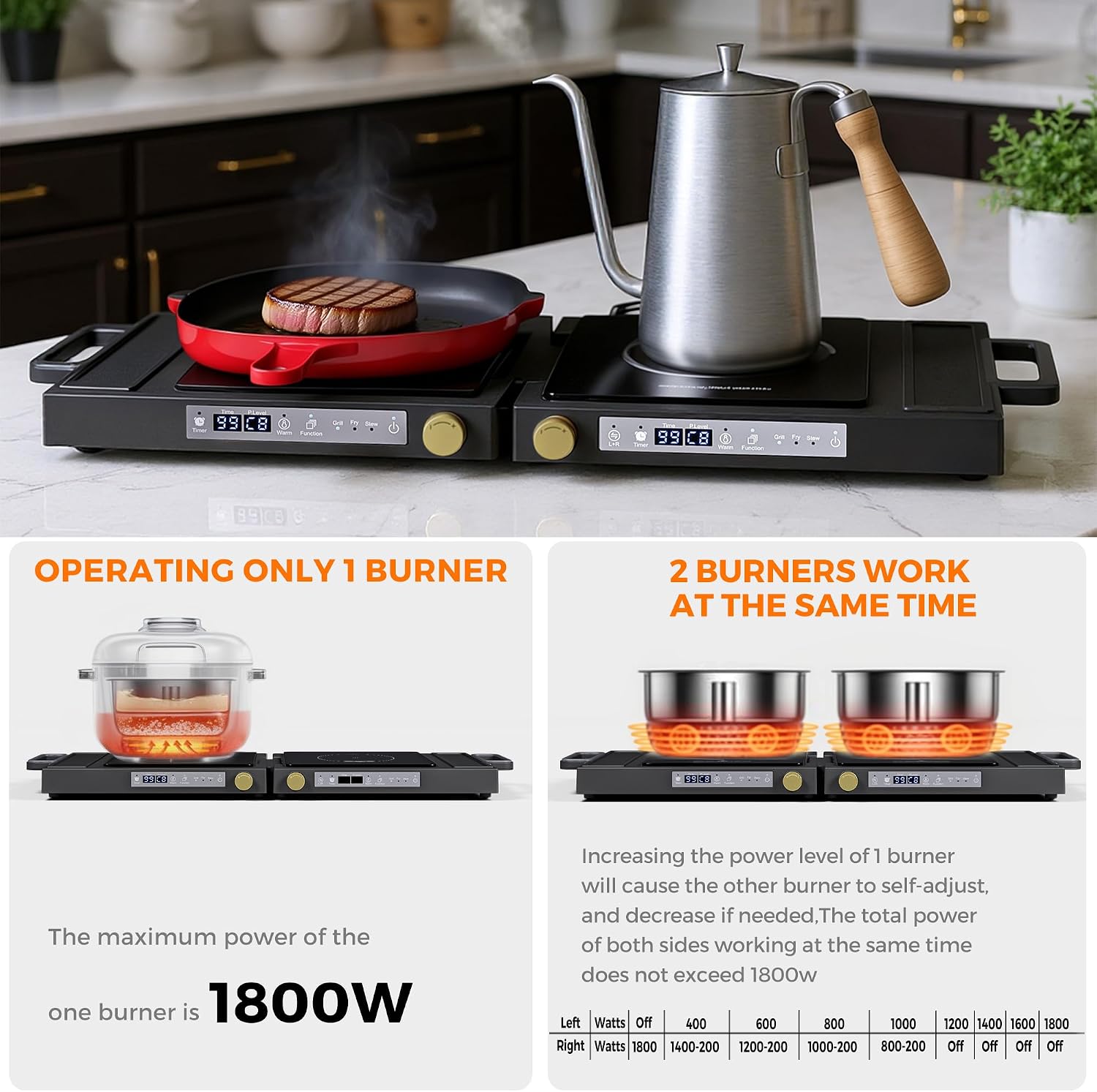 Double Induction Cooktop, 1800W Portable Dual Burner with 8 Power Levels, Sensor Touch Control & 99-Min Timer, Fold-n-Store Design for RV, Small Kitchen & Outdoor Cooking (black)