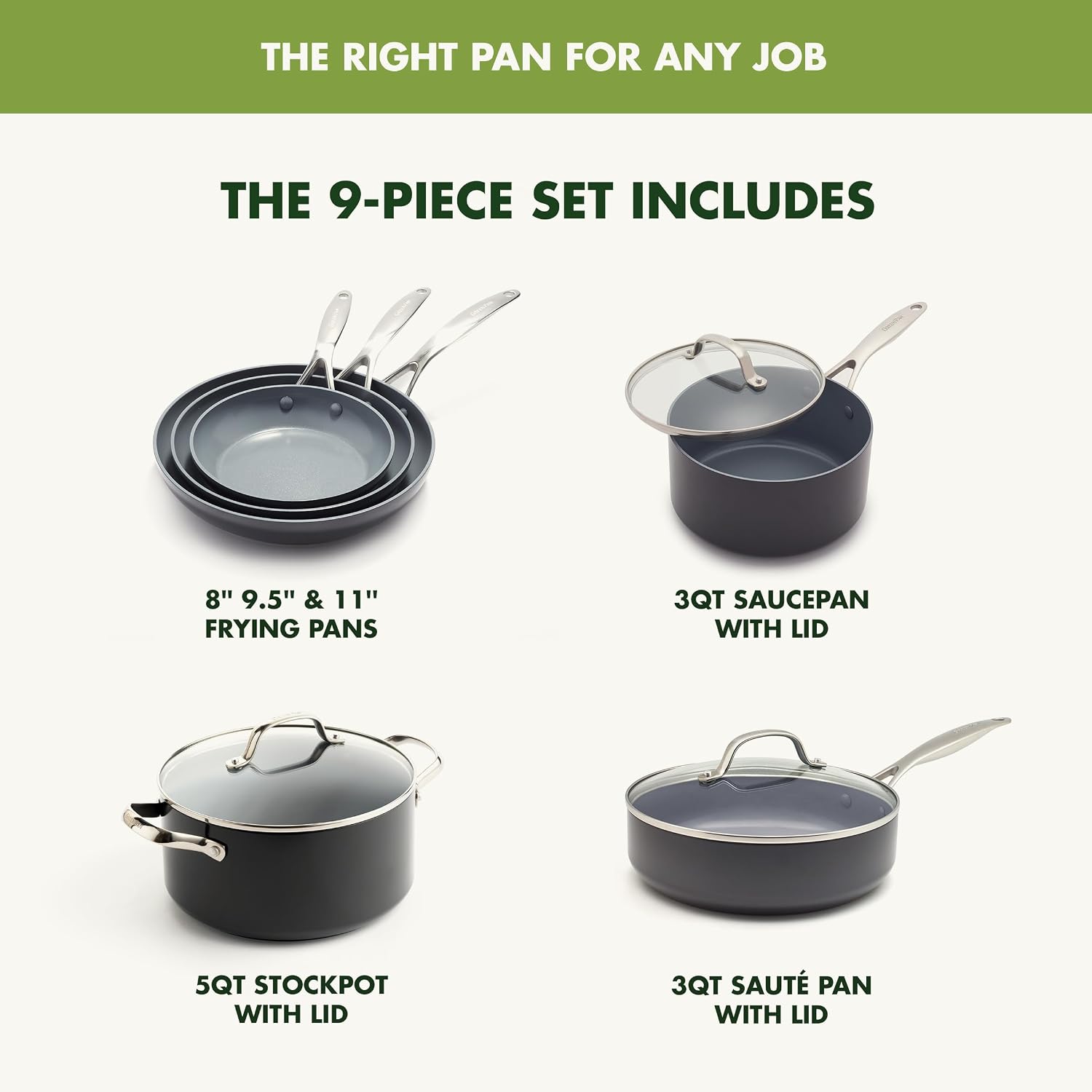 GreenPan Valencia Pro 9 Piece Ceramic Nonstick Cookware Set, PFAS-Free, Induction Ready, Hard Anodized Pots & Pans with Lids, Compatible on All Cooktops, Dishwasher & Oven Safe, Gray