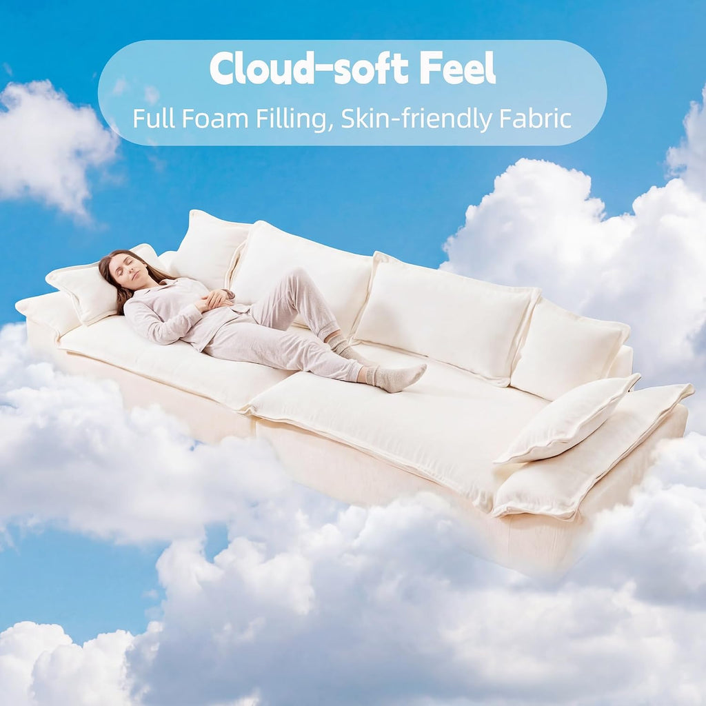 138' Modular Cloud Couch, Sectional Couch with Deep Seats, Wide Armrests and Multiple Pillows, Boneless Couches Sofas Loveseat for Bedroom/Living Room/Apartment/Office (White)