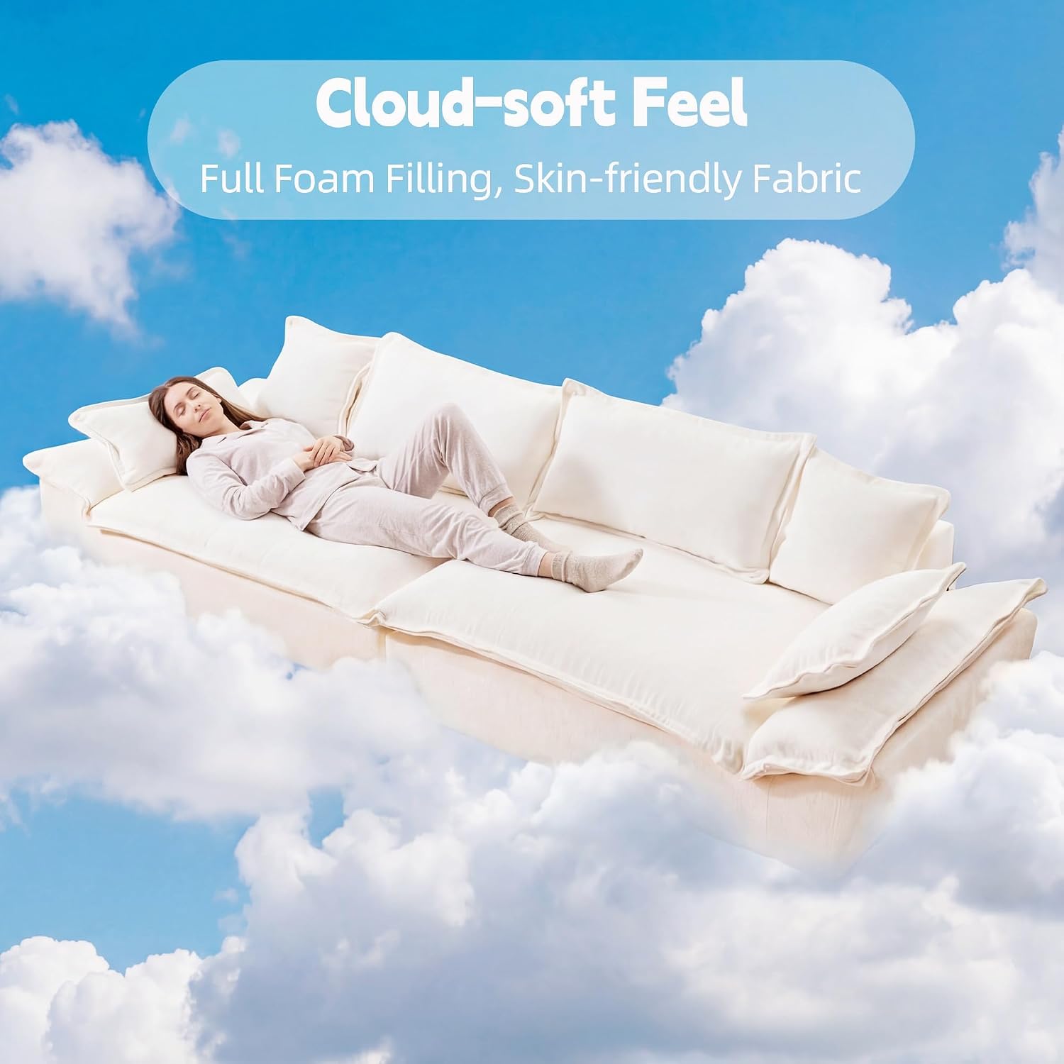138' Modular Cloud Couch, Sectional Couch with Deep Seats, Wide Armrests and Multiple Pillows, Boneless Couches Sofas Loveseat for Bedroom/Living Room/Apartment/Office (White)