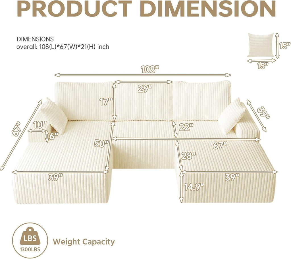 L Shapes Boneless Cloud Couches for Living Room 4-Seat Modular Sectional Couch with Chaise Lounge, Comfy Flannel Fabric Sofa, Including Pillow and Backrest - Removable Washable, No Assembly Required