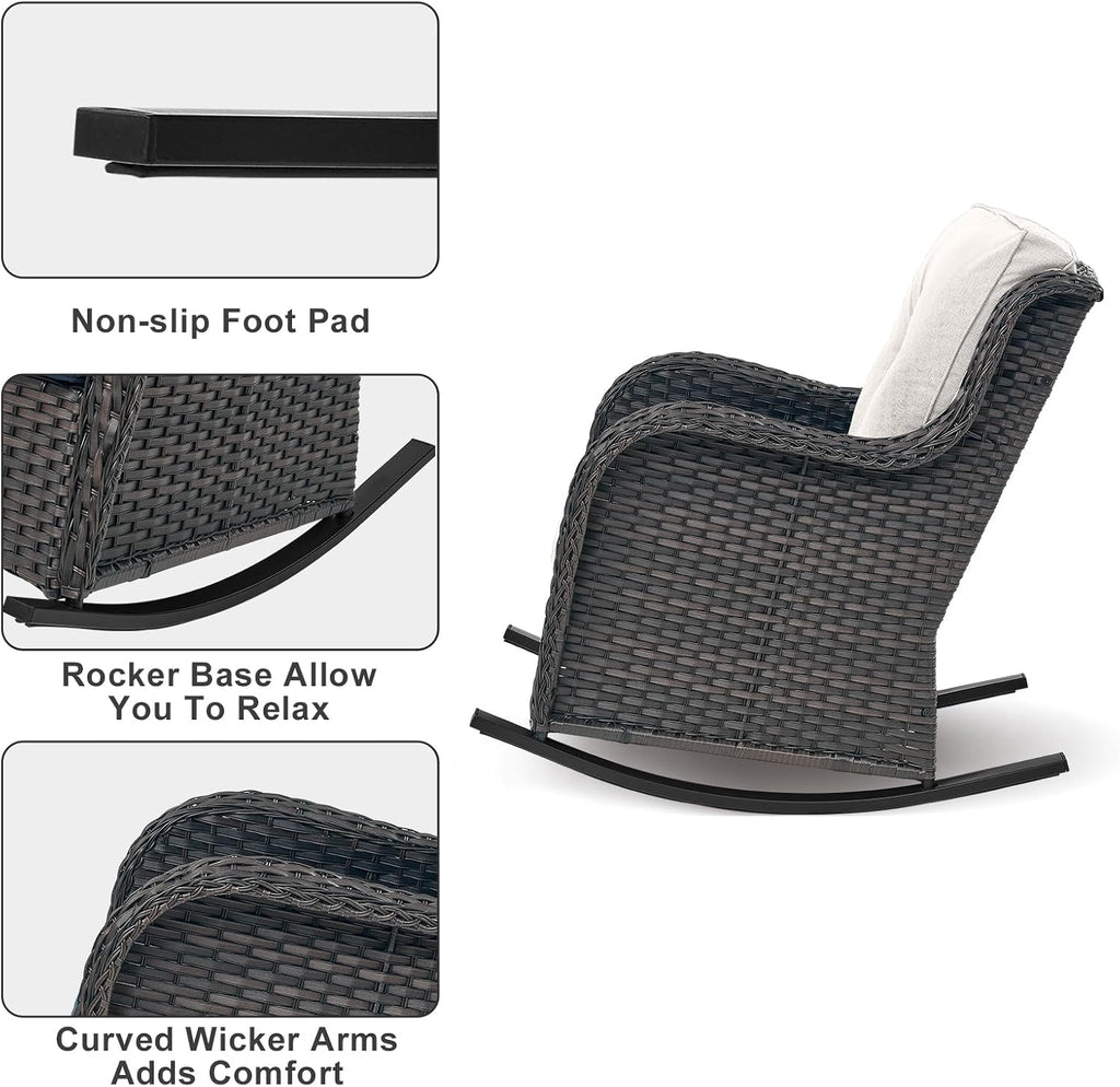 Rilyson Patio Chairs Outdoor Rocking Chair - 2 Piece Wicker Rattan Rocker Chairs Set with High Back and Deep Seating for Porch Deck Garden Backyard(Brown/Beige)