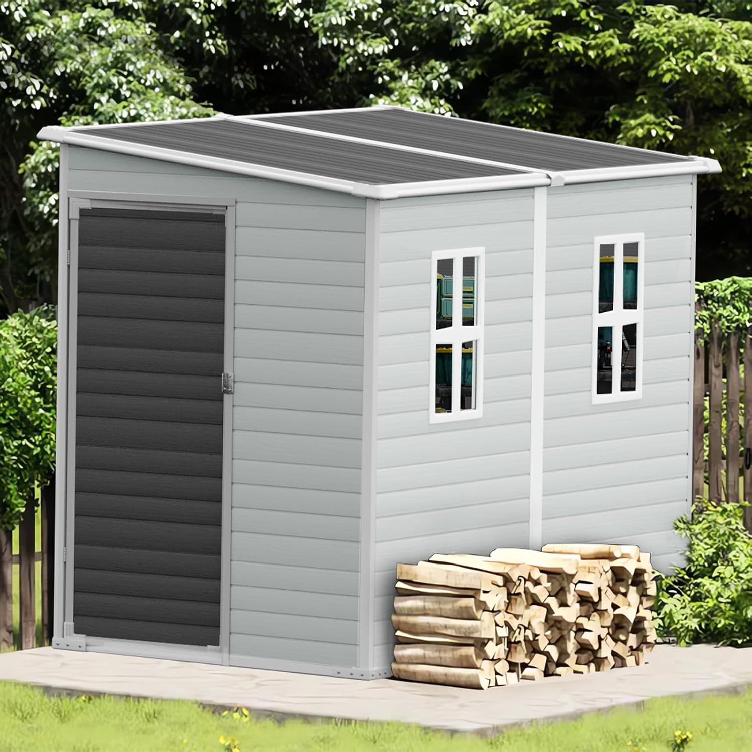 CDCASA 4x8 FT Resin Lean to Shed, Waterproof Outdoor Storage Sheds with Floor Included & Lockable Door & Window, Outside Plastic Tool Shed for Backyard, Patio,Garden, Poolside,Sloped Roof, Grey