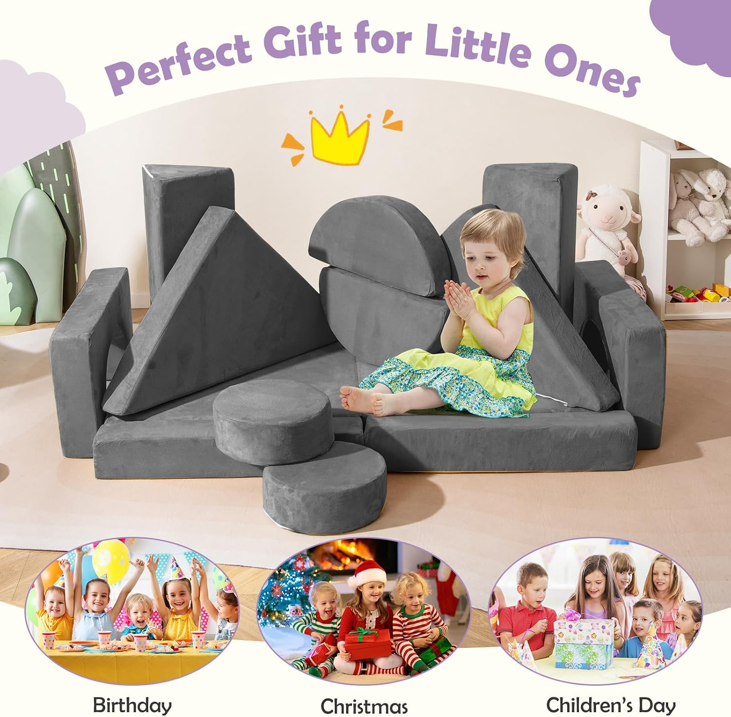 Costzon 14 PCS Modular Kids Play Couch, Child Sectional Sofa, Versatile Toddler Soft Building Blocks Sofa Playset for Playroom Bedroom, Convertible Foam and Floor Cushion for Boys Girls Gifts (Gray)