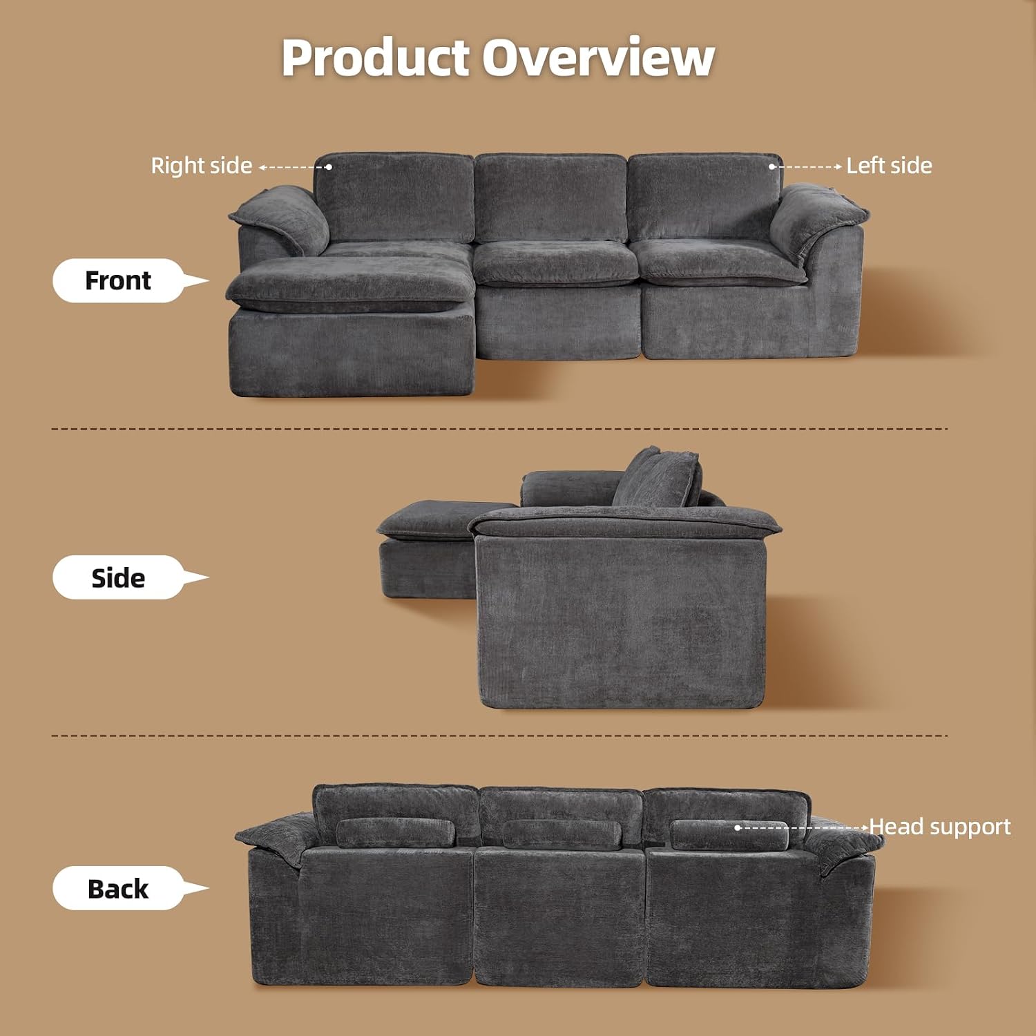 112' Cloud Couch Sectional with Padded Armrests & Moveable Ottoman Boneless Sectional Couches for Living Room Dark Grey Couch, No Assembly Required