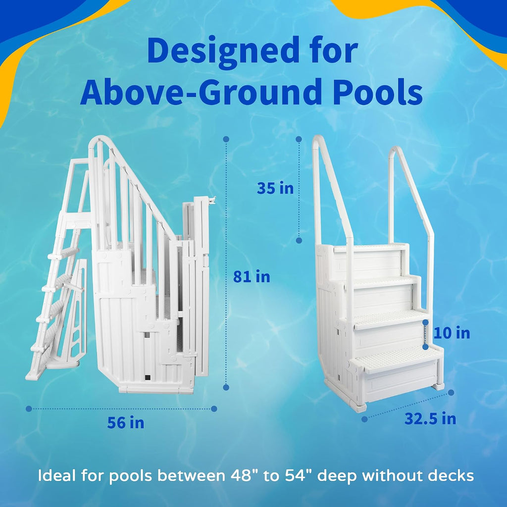 Blue Wave Easy Pool Entry System for 48 to 54-in Deep Above Ground Pools – Secure Pool Steps & Ladder Set w/Lockable Gate, Rust-Resistant Vinyl, Handrails, Anti-Entrapment Barrier – 350-lbs Cap.