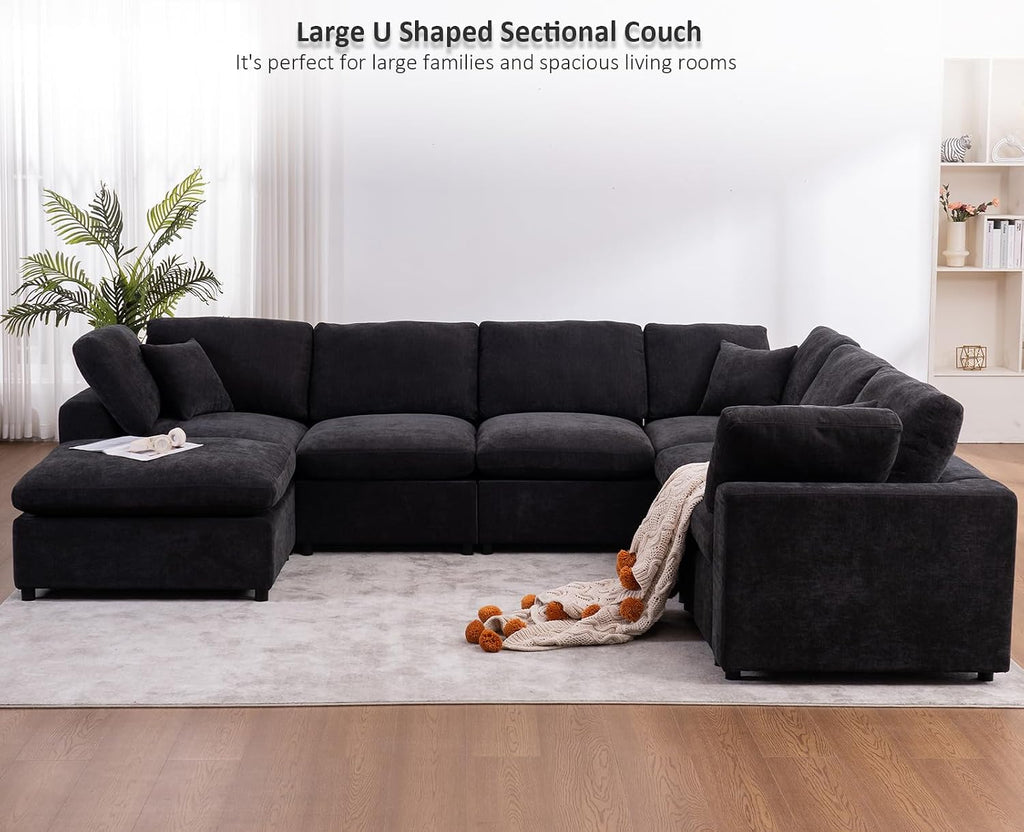 Oversized Modular Sectional Sofa Couch, Large 7 Seater Corner Sofa Modern U Shaped Sectional Couch with Ottoman Cloud Couches for Living Room, Office, Spacious Space, Black