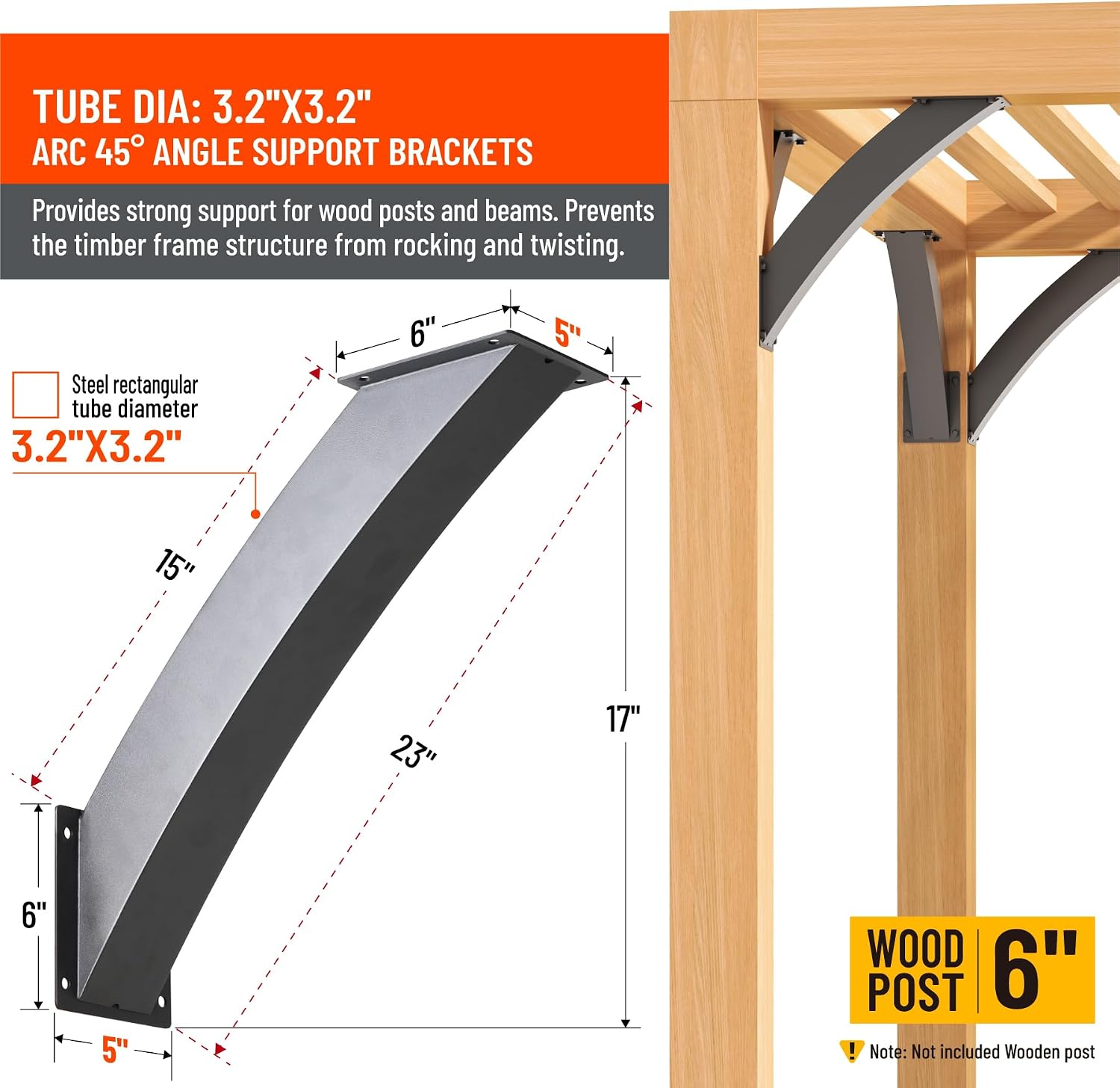Heavy Duty Integrated Arc 4''x4''(Actual Tube Dia: 3.2''x 3.2'') 45 Degree Angle Support Pergola Brackets Q235-Steel 4Pack