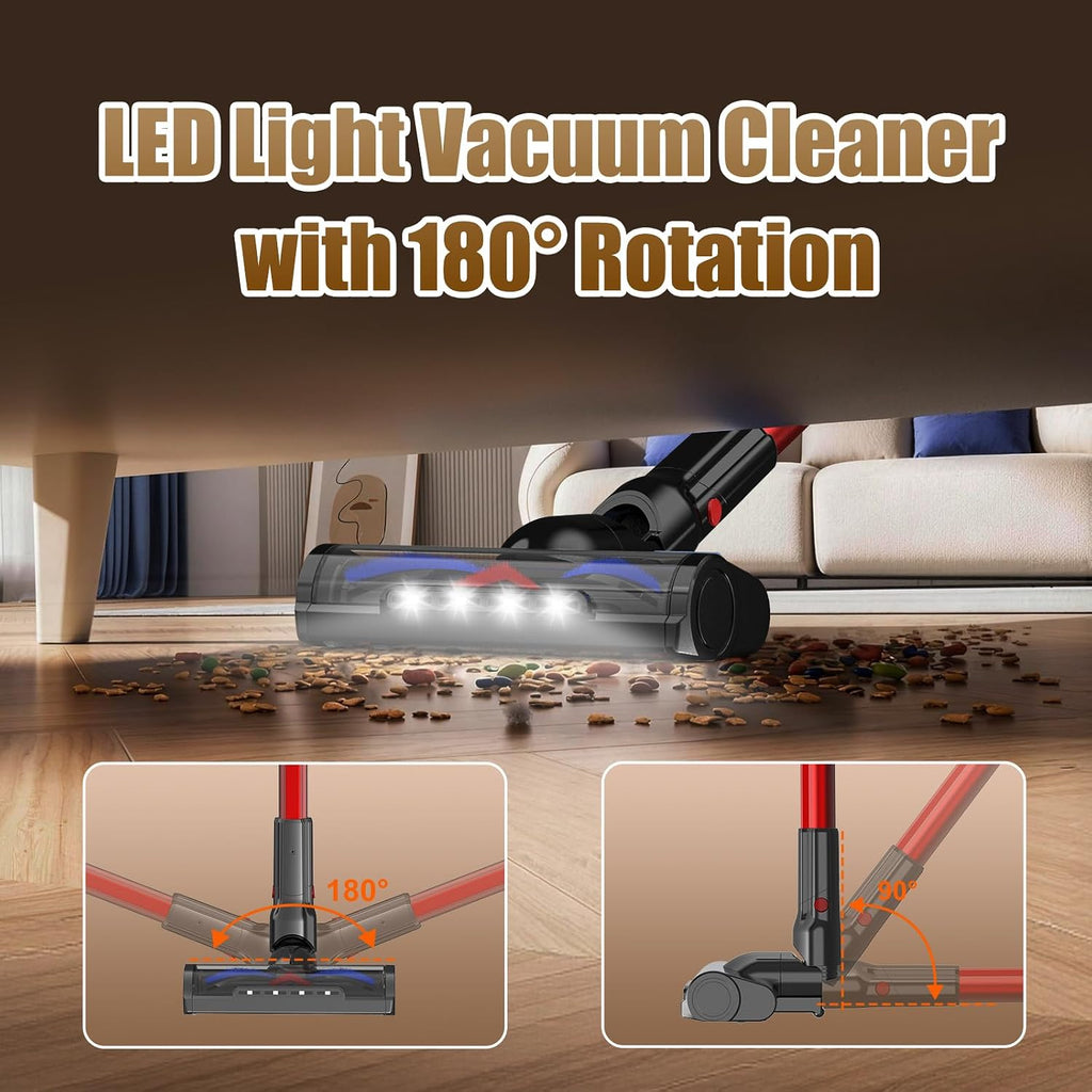 Cordless Vacuum Cleaner, 200W 45Mins Lightweight Stick Vacuum Cleaners for Home, Anti-Tangle Brush & LED Touch Screen, 1L Dust Cup, Wall Mount Dock, Bright Light for Hardwood, Pet Hair, Carpet, Office