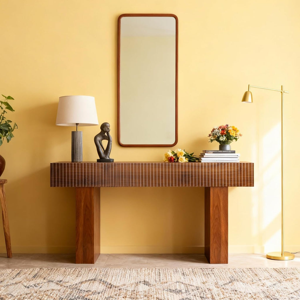 ZYBT 56' Fluted Console Table, Boho Vanity Desk Wooden Narrow Sofa Table Behind The Couch, Farmhouse Entryway Table for Entrance, Hallway,Living Room,Bedroom, Home Office,Brown