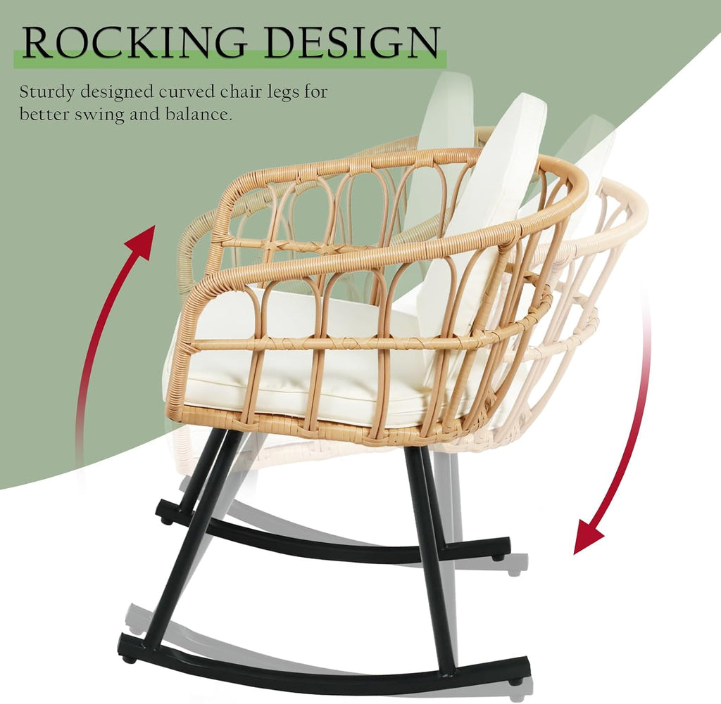 Vikiullf 3 Pieces Rocking Chairs Set - Outdoor Wicker Rattan Rocking Chairs with Thickened Cushions, Boho Patio Furniture, Patio Conversation Bistro Sets, for Balcony Garden Porch Living Room