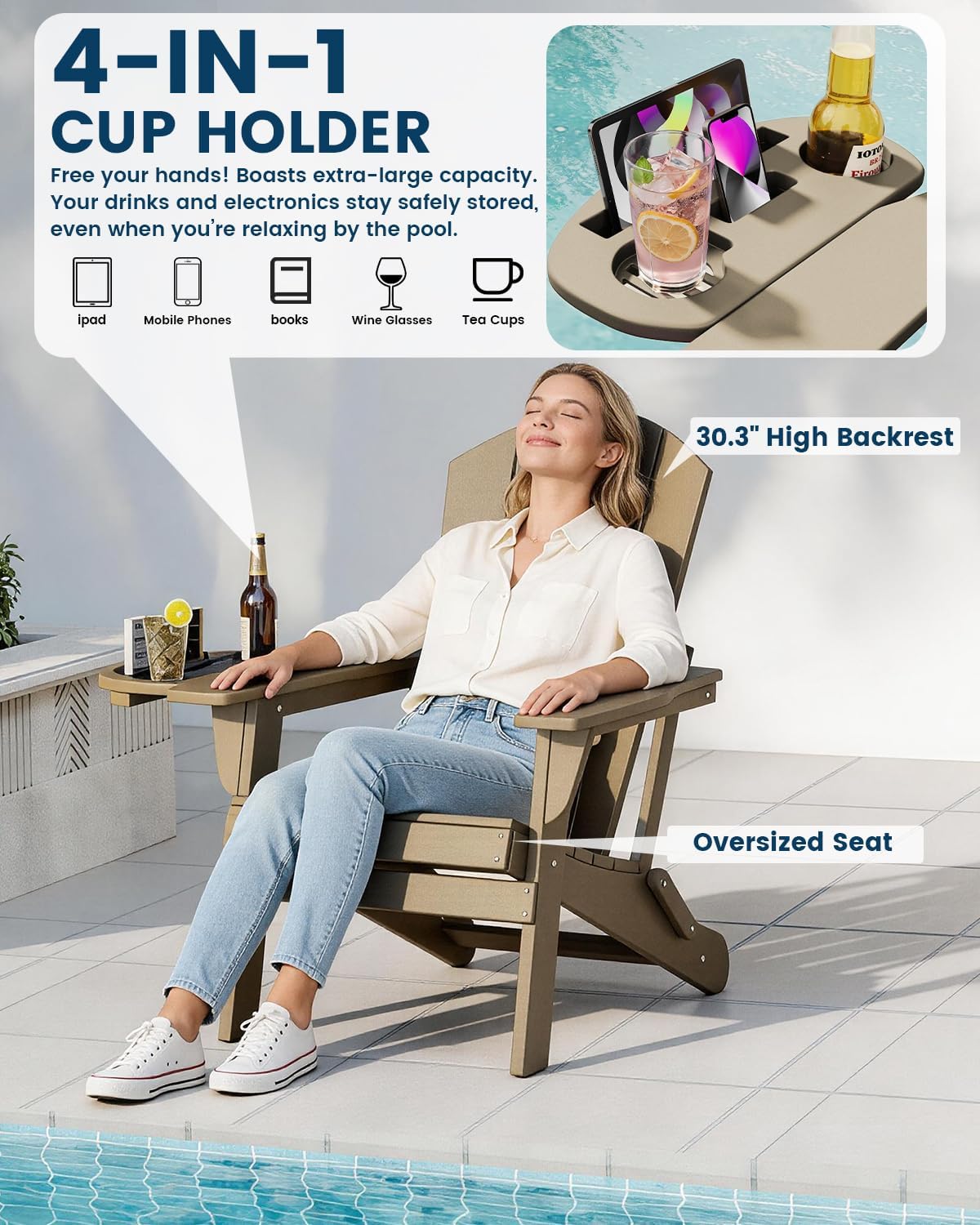 FOOWIN Folding Adirondack Chair, HDPE Adirondack Chairs with Cup Holder, Weather Resistant Plastic Fire Pit Chairs for Outdoor, Patio, Lawn, Garden, Backyard, Deck, Brown