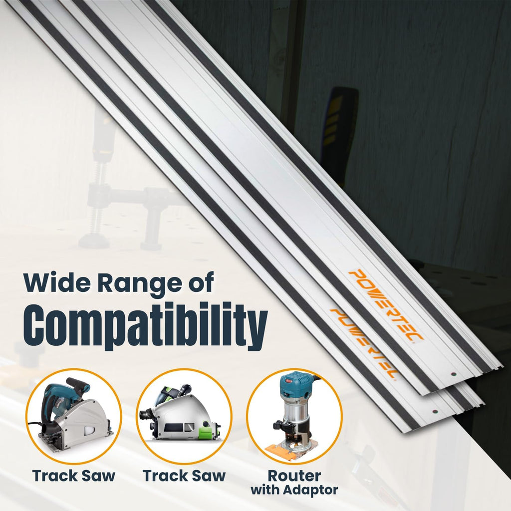 POWERTEC 72258 110' Track Saw Guide Rail Kit for Makita or Festool Track Saw| Includes 2x55 Guide Rails/Protective Guide Rail Bag/Rail Connectors and 2pc Quick Screw Guide Rail Clamps 5-3/8' Capacity