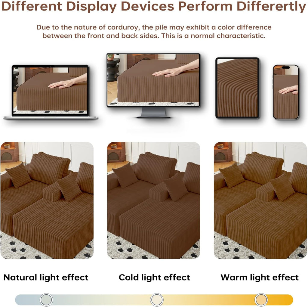 108' Brown Modular Sectional Cloud Couch for Living Room Deep Seat L Shapes Boneless Couch with Oversized Chaise Lounge, Comfy Memory Foam Flannel Fabric Sofa for Bedroom Apartment,