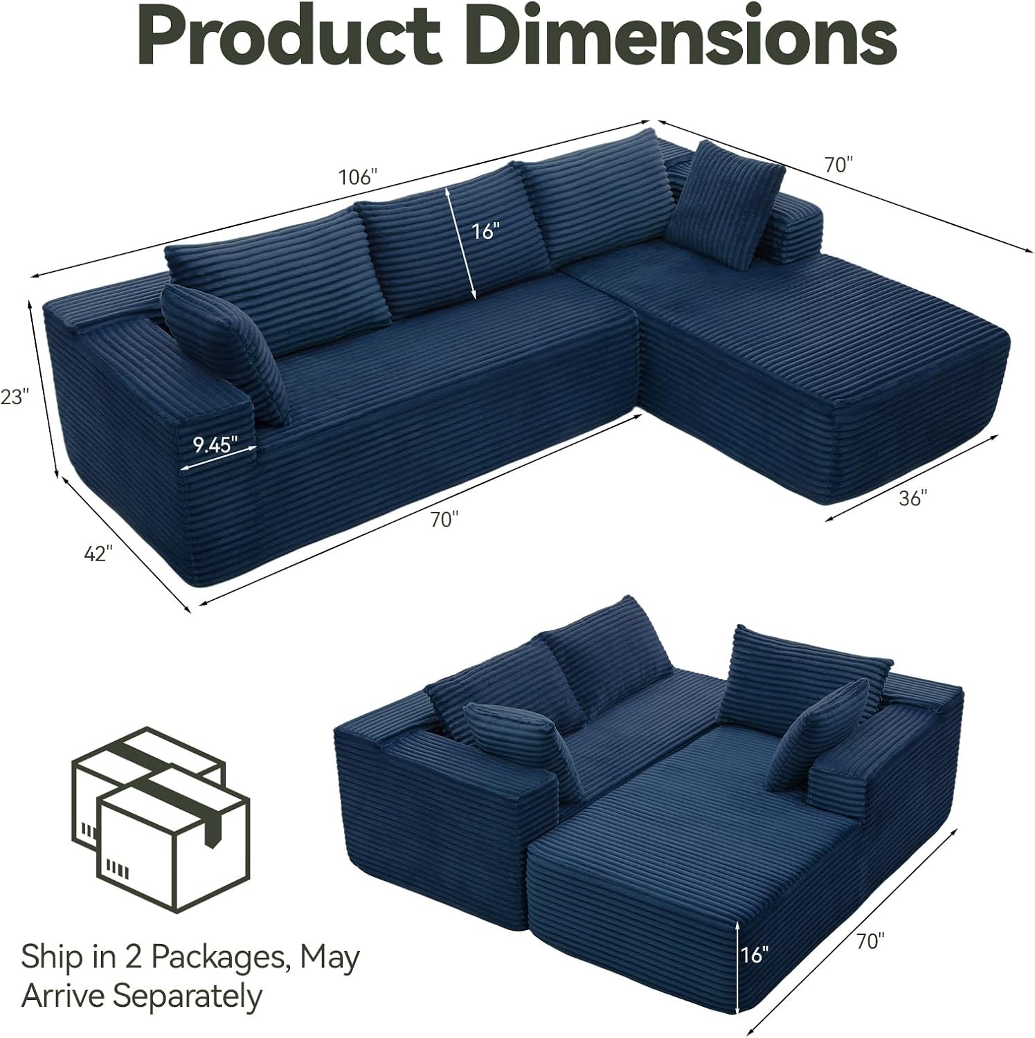 Modern Cloud Modular Sectional Sofa with Chaise, 106' L-Shaped Sofa Couch for Living Room, Deep Seat Plush Boneless Couches, Includes Pillows, Left Chaise, Blue