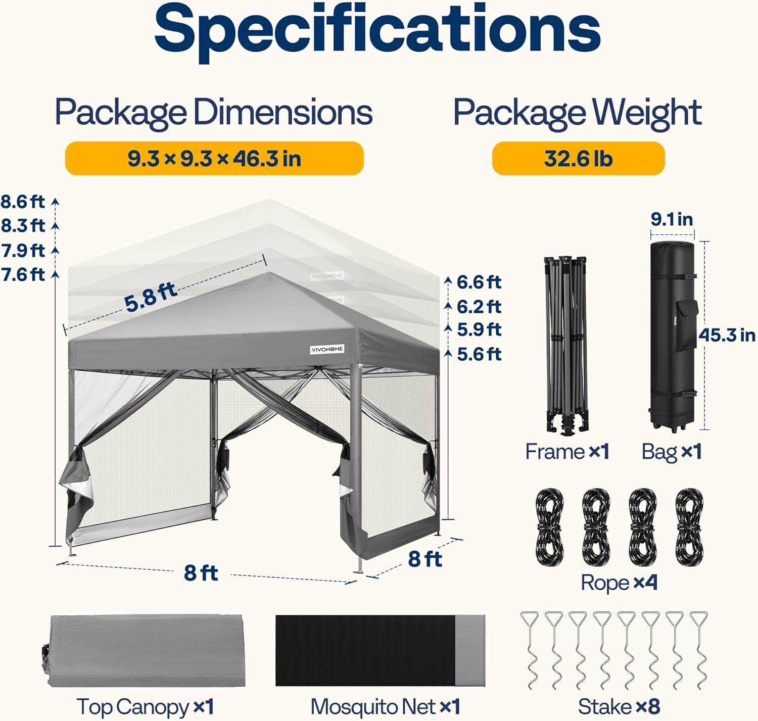 VIVOHOME 8x8ft Easy Pop-Up Canopy, Outdoor Screen Tent with Mosquito Netting, 2 Zipper Doors, and Roller Bag for Yard Camping Picnic Party Events, Grey