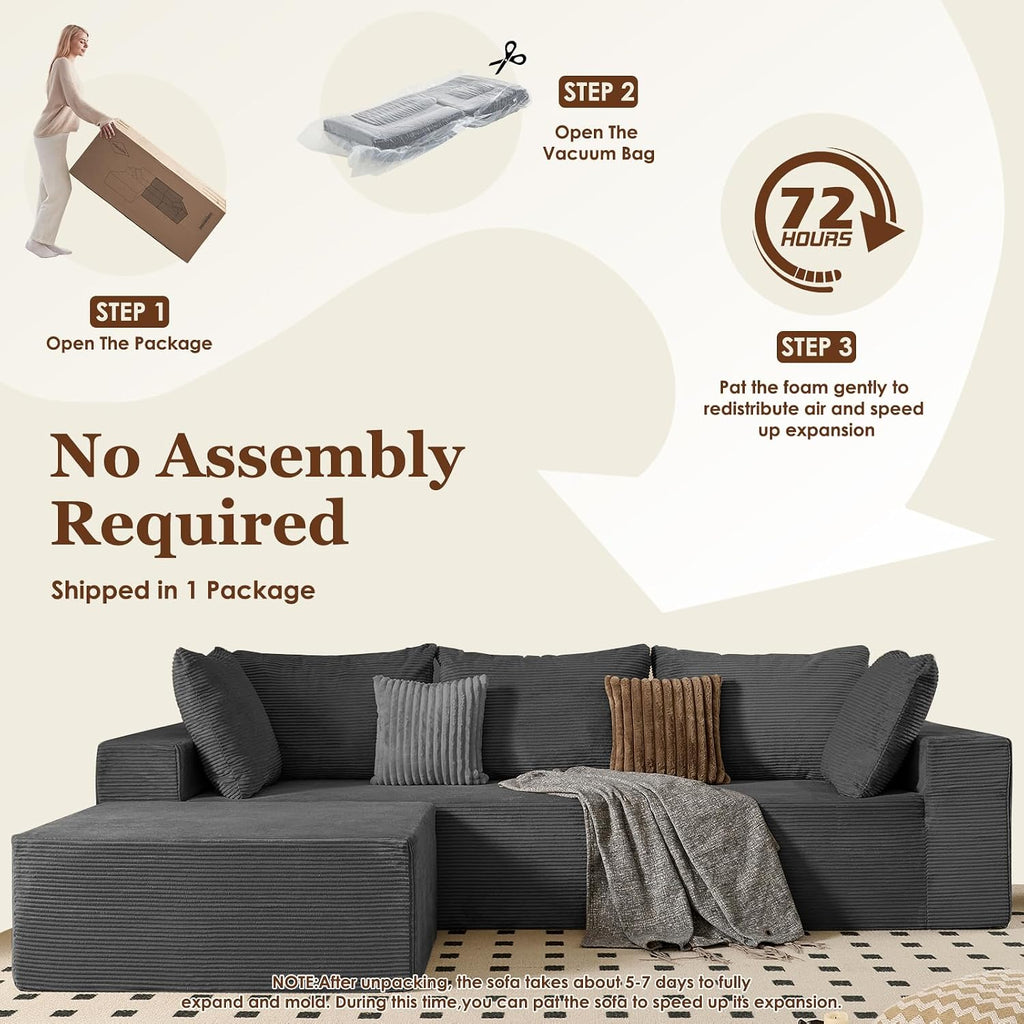 INGEROOM 108' Cloud Sectional Couch with L-Shape Chaise, Modular Sofa Memory Foam, Boneless Sofa with Movable Ottoman, Upholstered Couches for Living Room Bedroom, No Assembly Required, Dark Gray