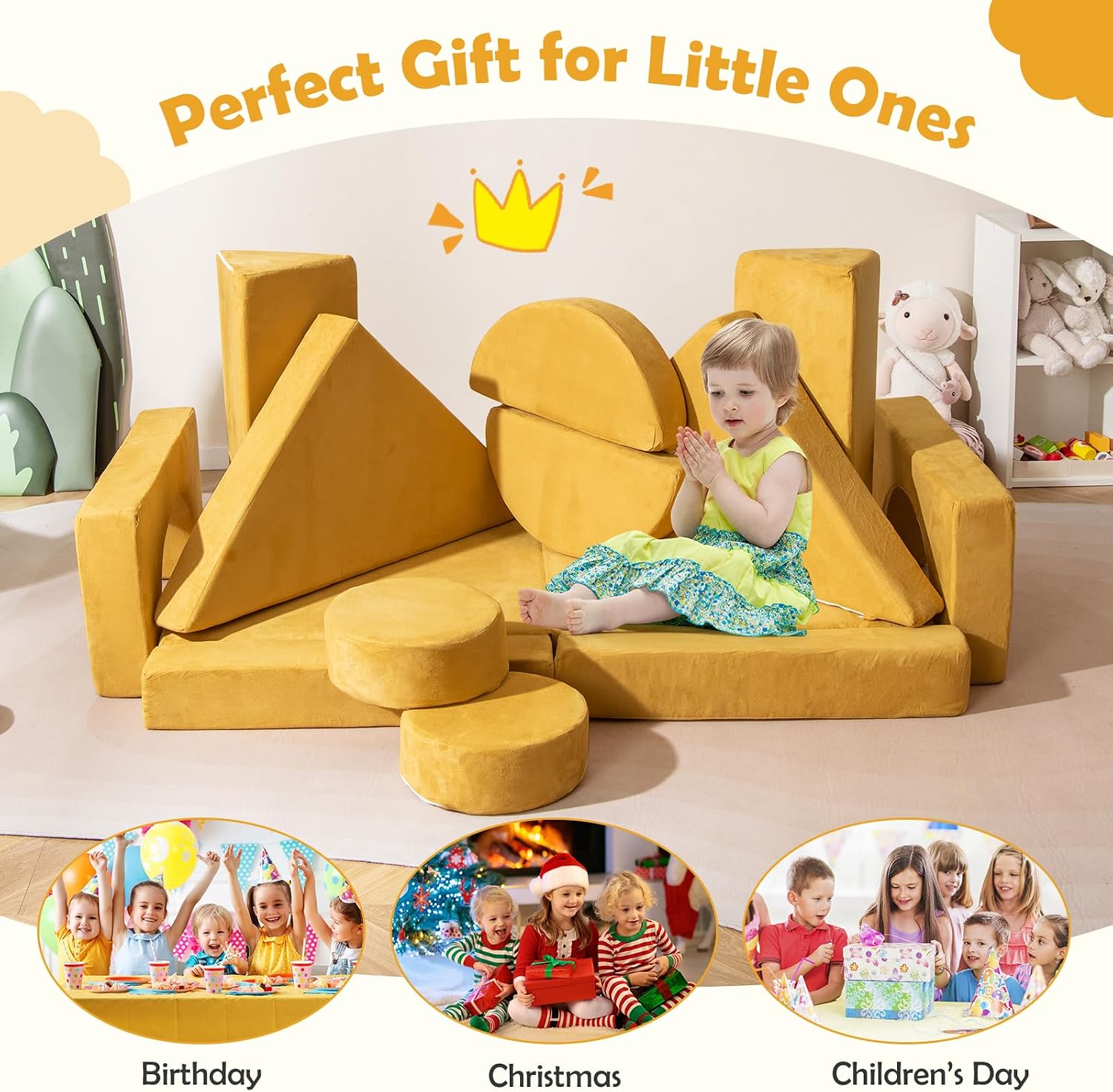 Costzon 14 PCS Modular Kids Play Couch, Child Sectional Sofa, Versatile Toddler Soft Building Blocks Sofa Playset for Playroom Bedroom, Convertible Foam and Floor Cushion for Boys Girls Gifts (Yellow)
