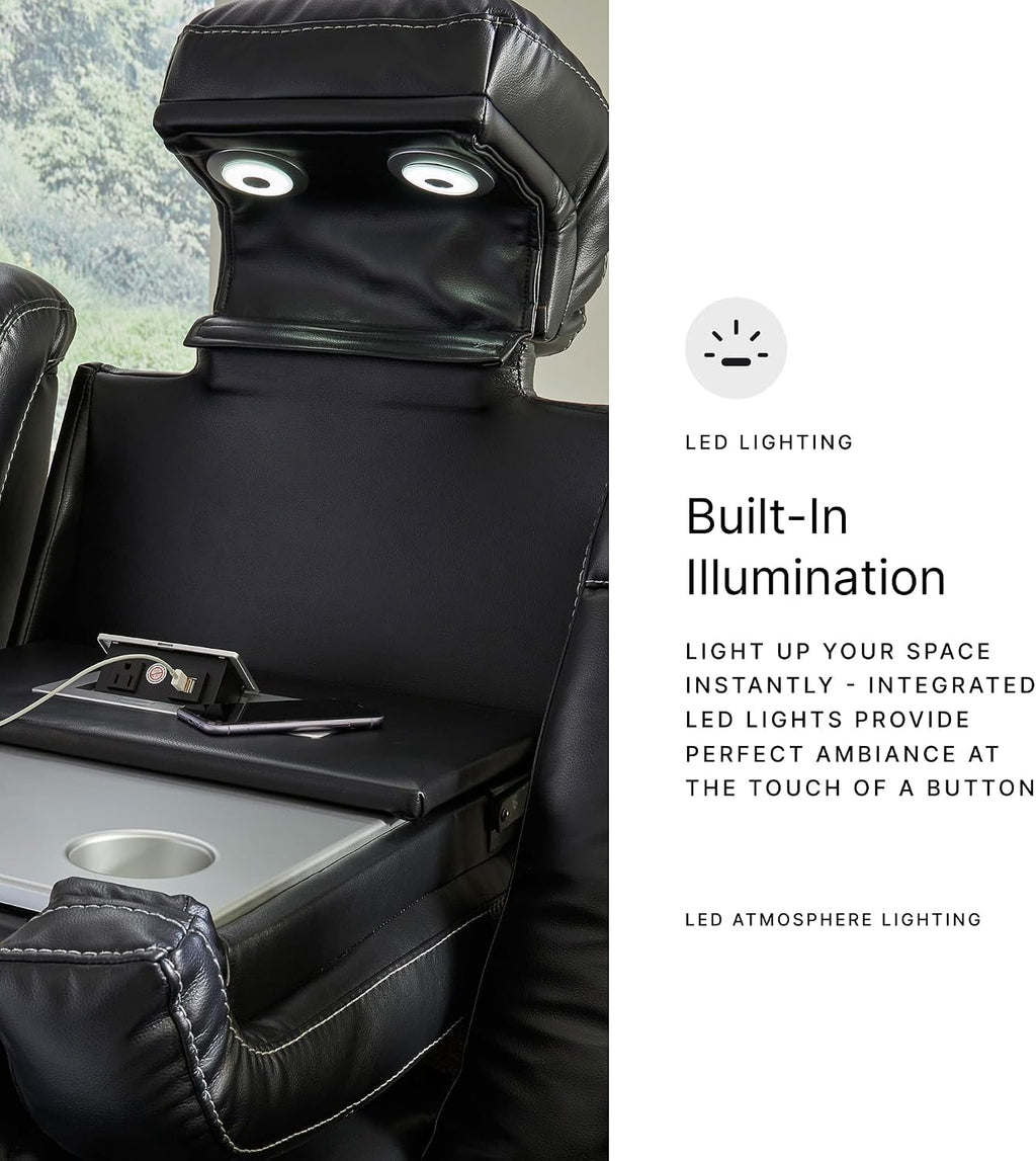 Signature Design by Ashley Caveman Den Modern Faux Leather Power Reclining Sofa with Adjustable Headrest, Drop Down Table, Electrical Outlets and LED Reading Lights, Black