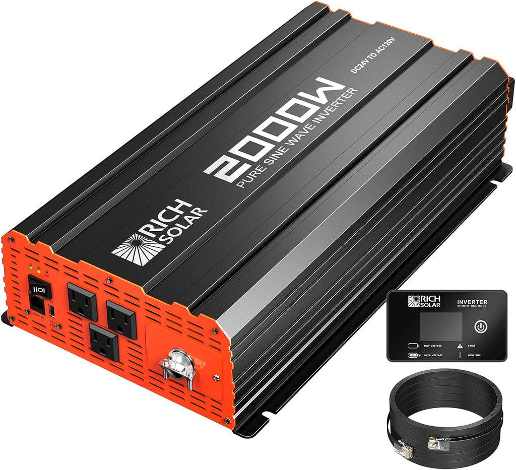 RICH SOLAR 2000 Watt 24 Volt Industrial Pure Sine Wave Inverter 24V DC to 120V AC Converter for RV Trailer Marine Off Grid Home