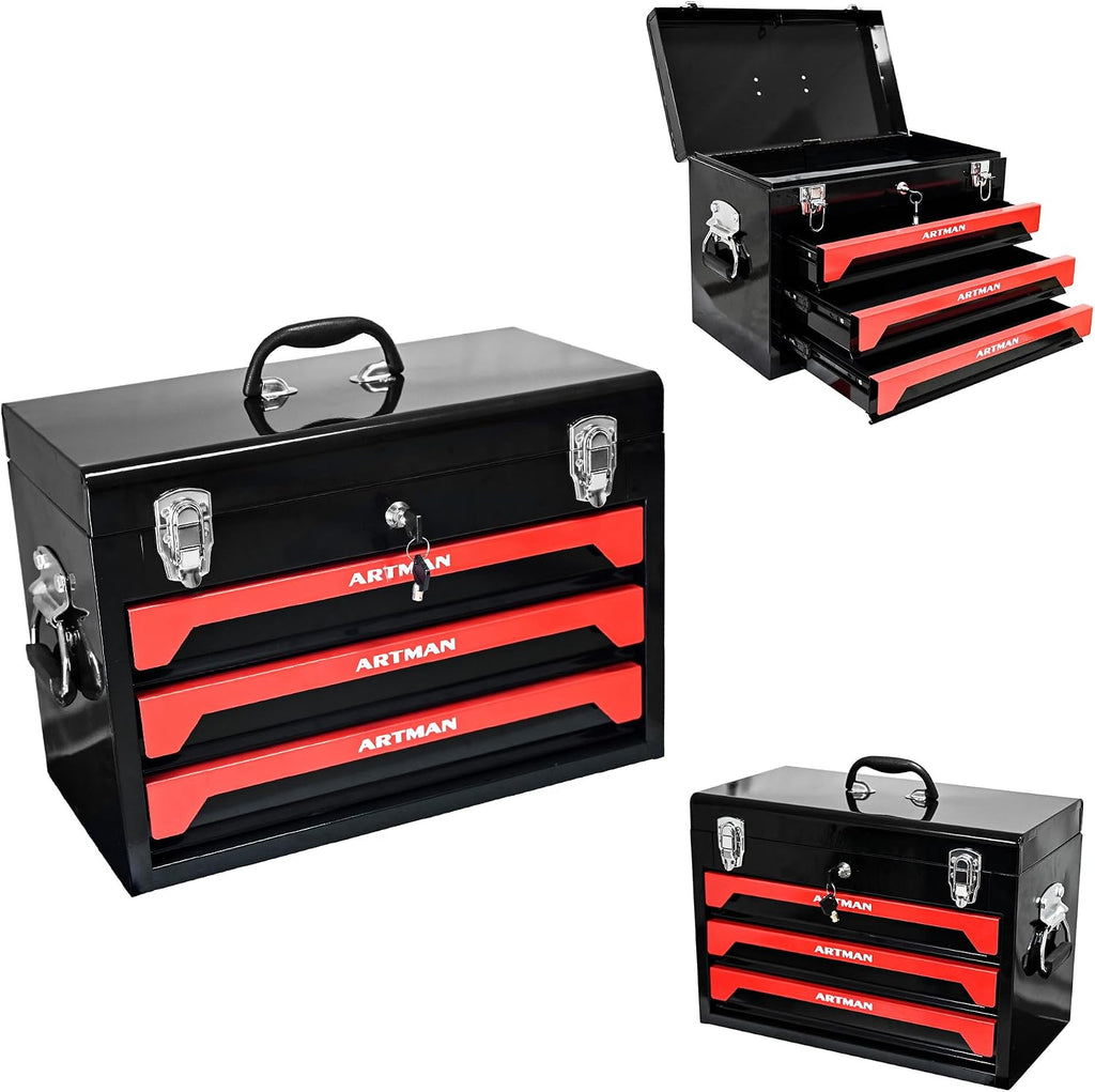 3 Drawers Metal Tool Box, 19' Heavy Duty Steel Tool Chest w/Key Lock & Handle, Multi-Function Top Storage Tray Toolbox w/Powder Coating & Ball Bearing Slides for Garage & Workshop(Black+Red)