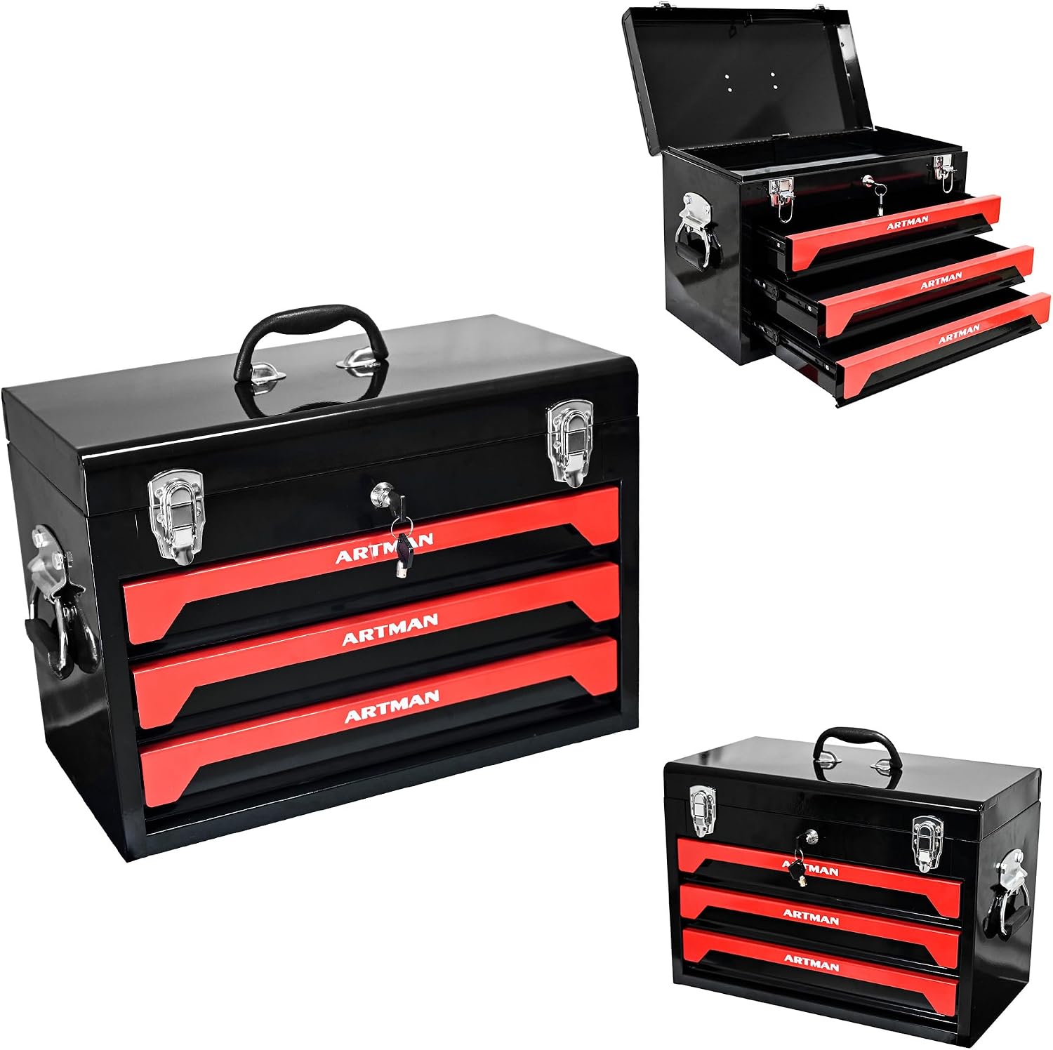 3 Drawers Metal Tool Box, 19' Heavy Duty Steel Tool Chest w/Key Lock & Handle, Multi-Function Top Storage Tray Toolbox w/Powder Coating & Ball Bearing Slides for Garage & Workshop(Black+Red)