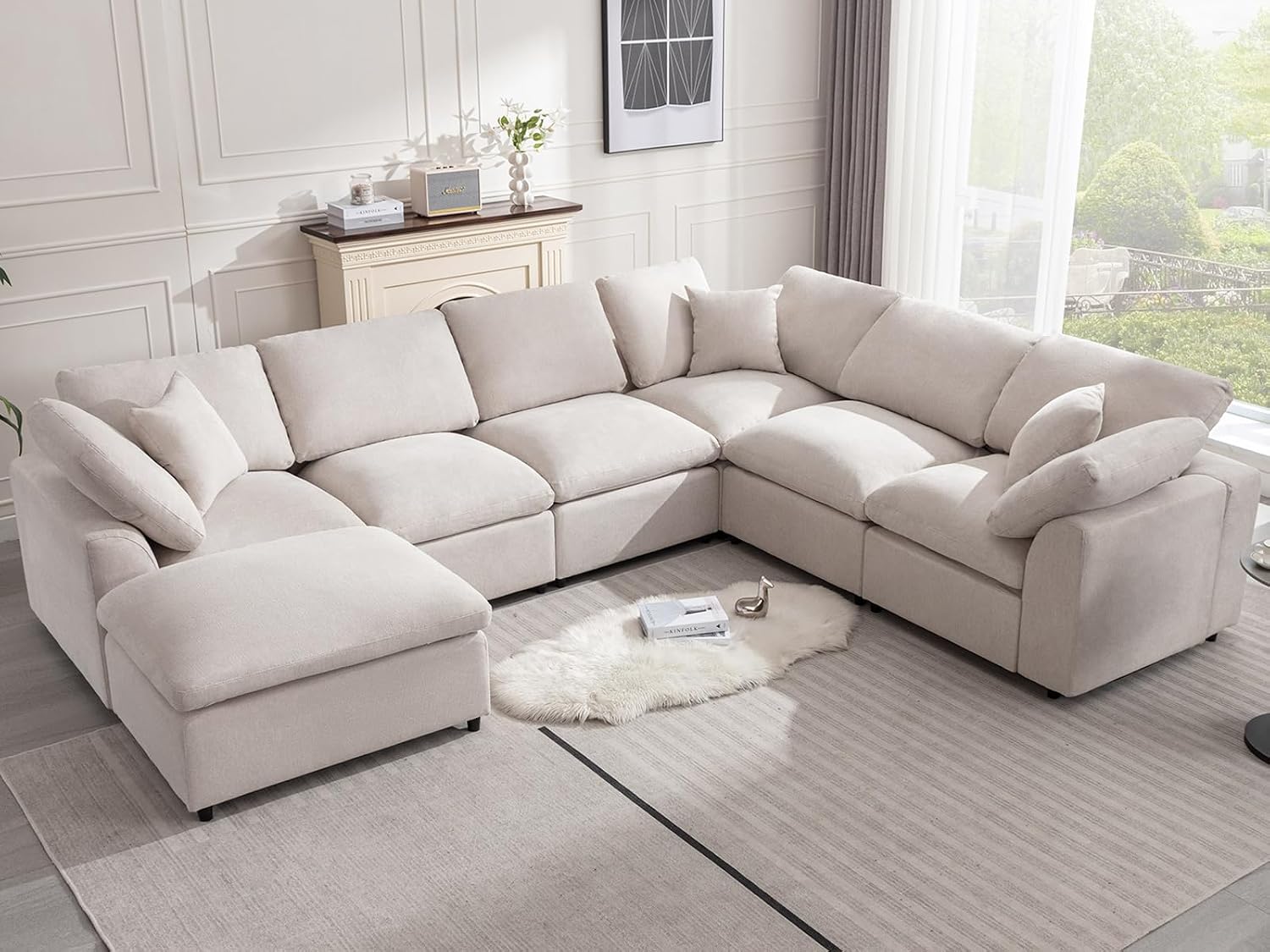 Siiejia Cloud Couch Modular Sectional Sofa Modern Oversized Couches with Ottoman 7 Seater L-Shaped Sofas Comfy Couches for Living Room Spacious Space Apartment Lounge, Cream