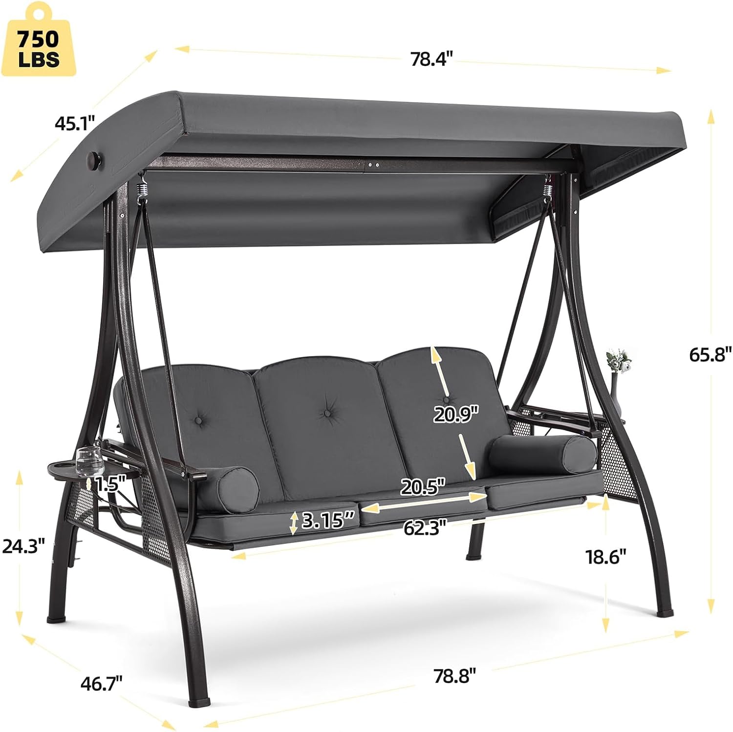 HOMREST 3 Person Outdoor Porch Swing with 1.5' Upgraded Cup Holder, Adjustable Canopy, Backrest, Patio Swing Bed with Weather Resistant Steel Frame, Cushions for Garden,Deck and Poolside(Gray)